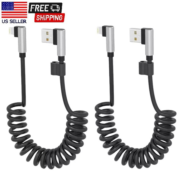 Coiled iPhone Charger 90 Degree Apple Carplay Cable Right Angle Fast Char-2 Pack