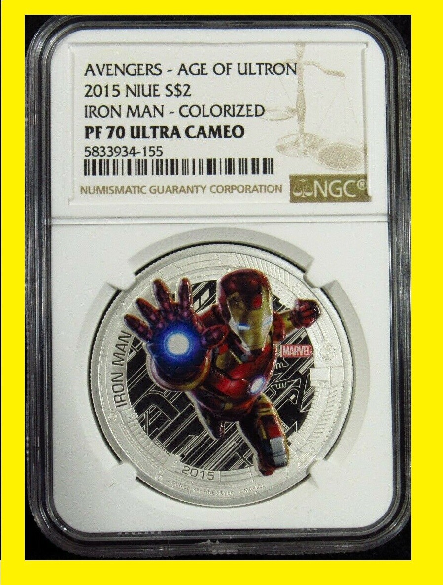 2015 AVENGERS 1 OZ SILVER COLORIZED Iron Man NGC 70 rare MARVEL
