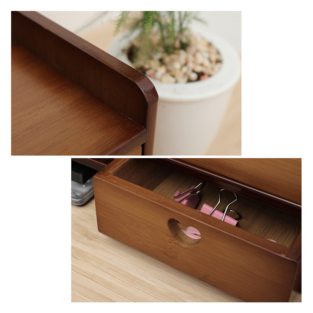 Bamboo Wood Monitor Stand Computer Riser With 2-Tier Desktop Storage
