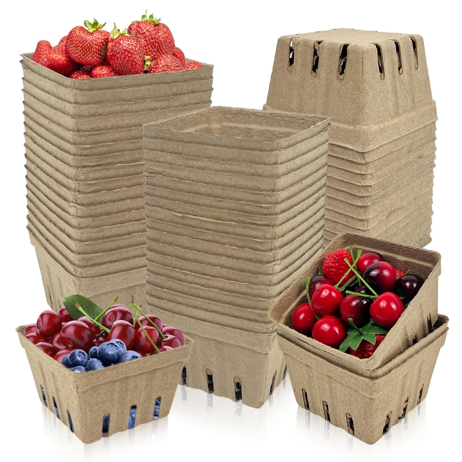 50 Pack Natural Pulp Fiber Berry Basket, Molded Berry Basket Produce Vented C...