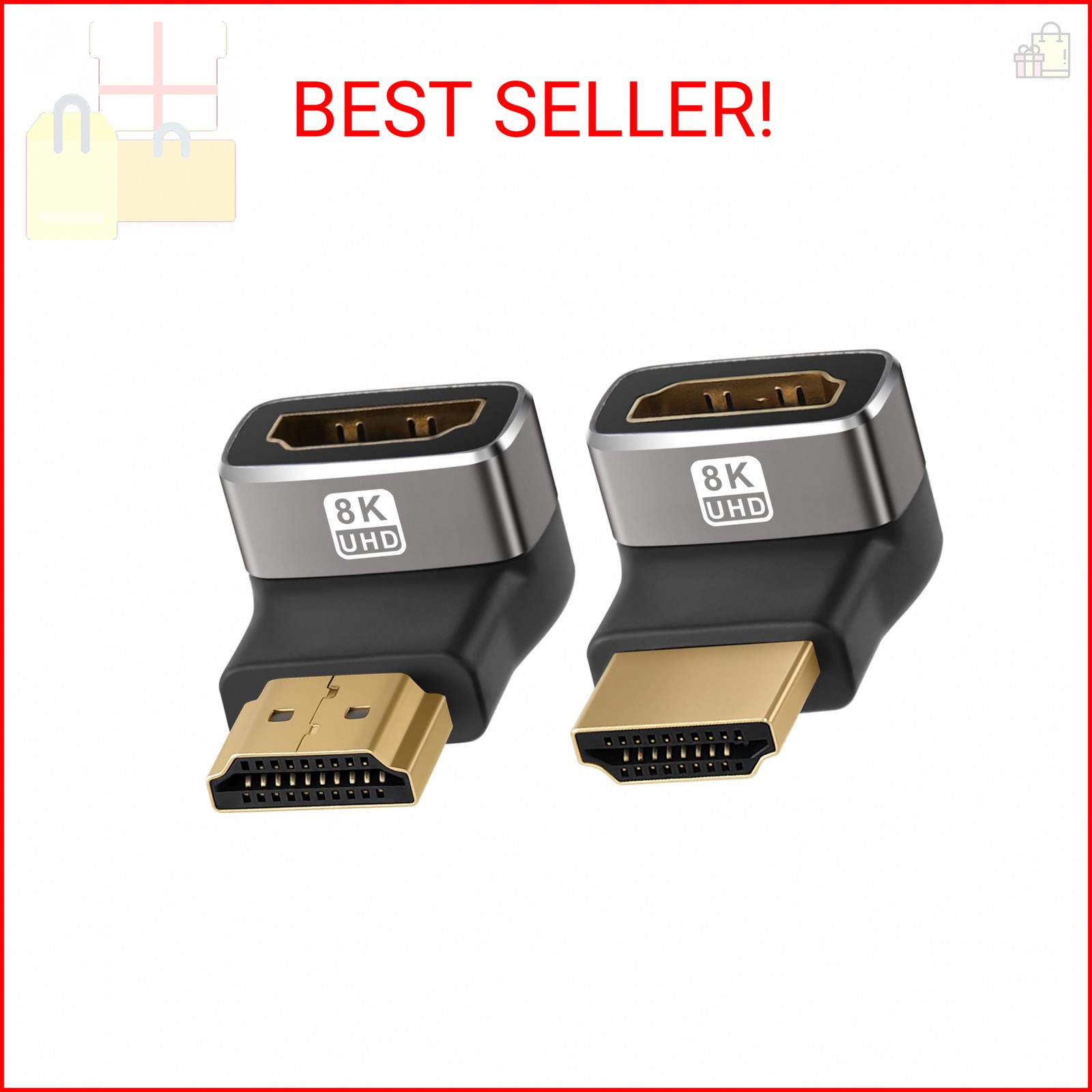8K 90 Degree HDMI 2.1 Adapter 2 Pack, (Up and Down) Right Angle HDMI Male to Fem