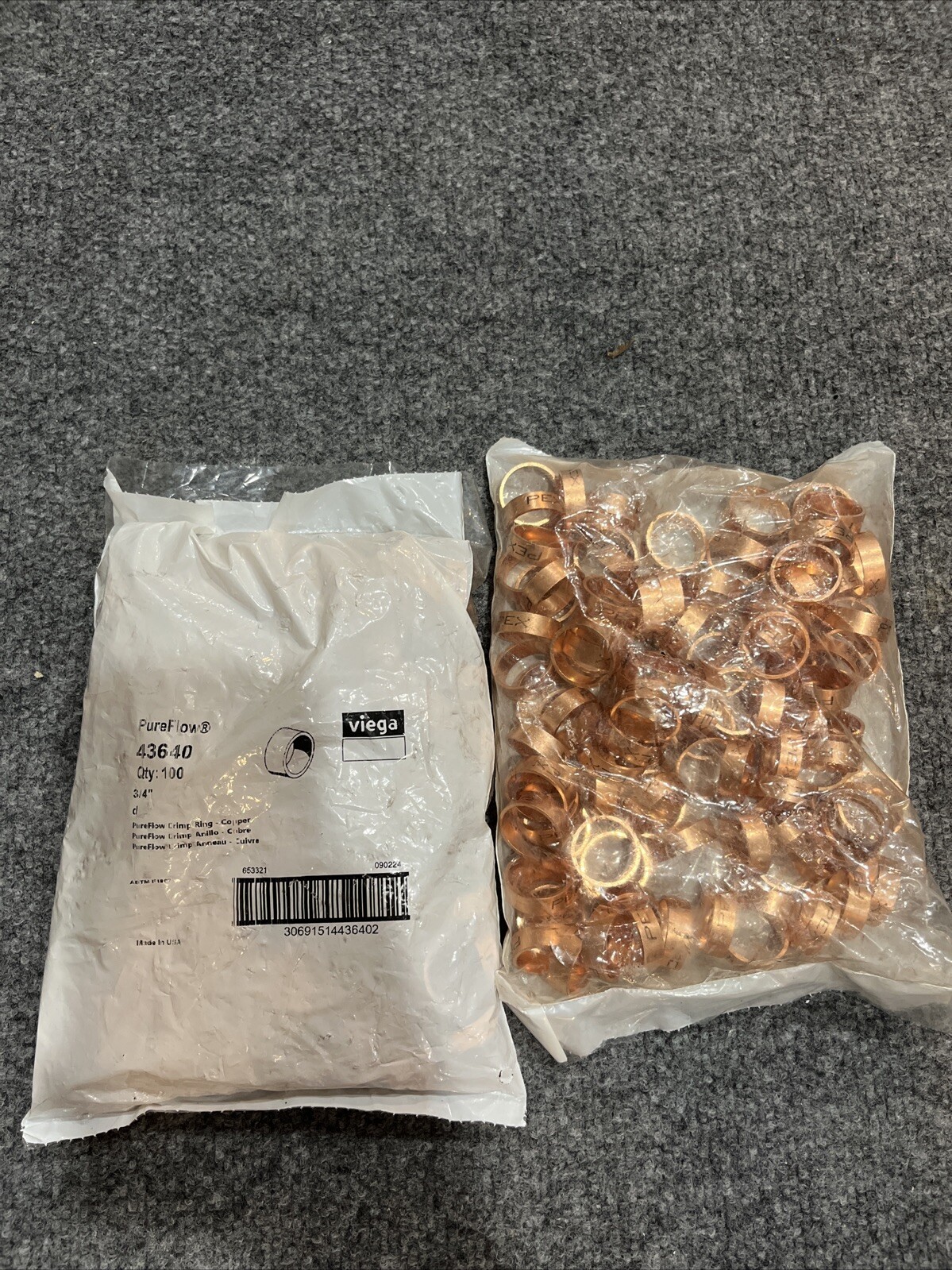 QTY OF 200 VIEGA 43640 3/4"PURE FLOW CRIMP RING COPPER