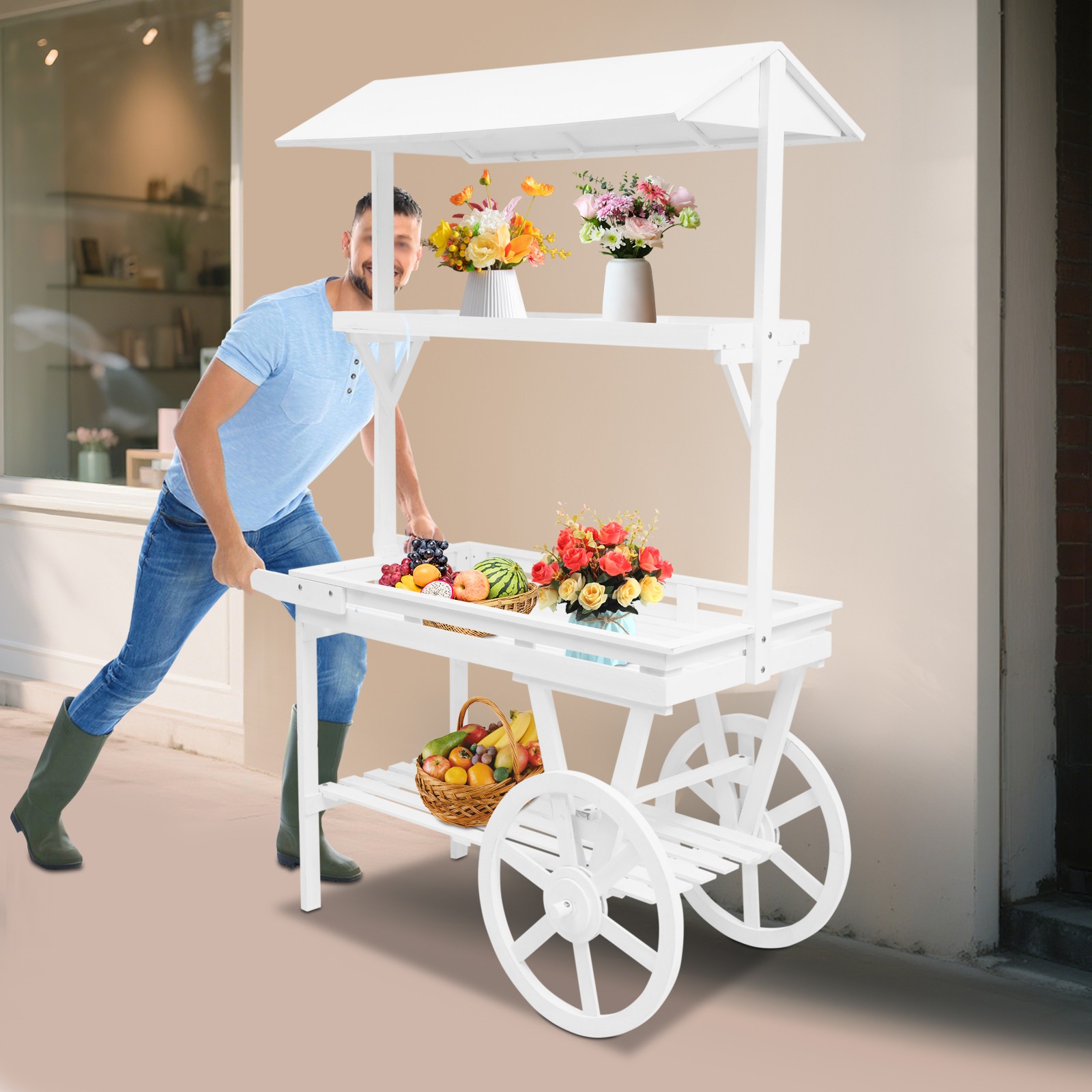 Vintage Rolling Flower Cart With Wheels 3-tier 55lbs Capacity Wood Display Rack