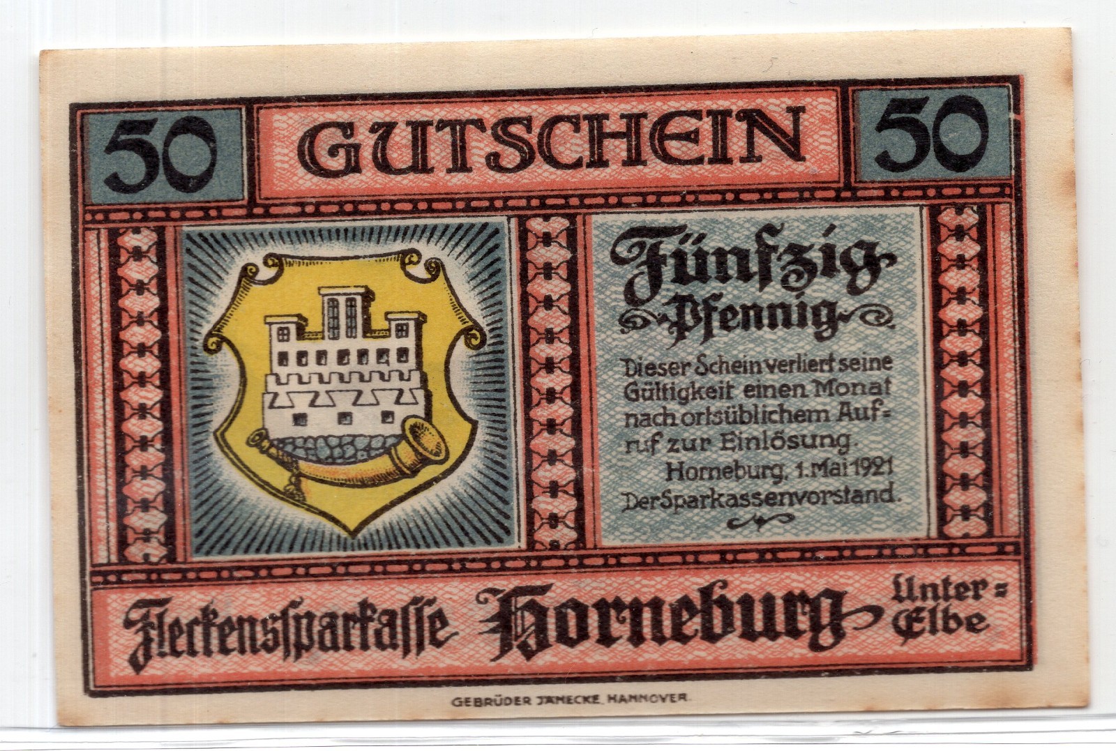 1921 Germany Horneburg Notgeld 50 Pfennig Note (2436)