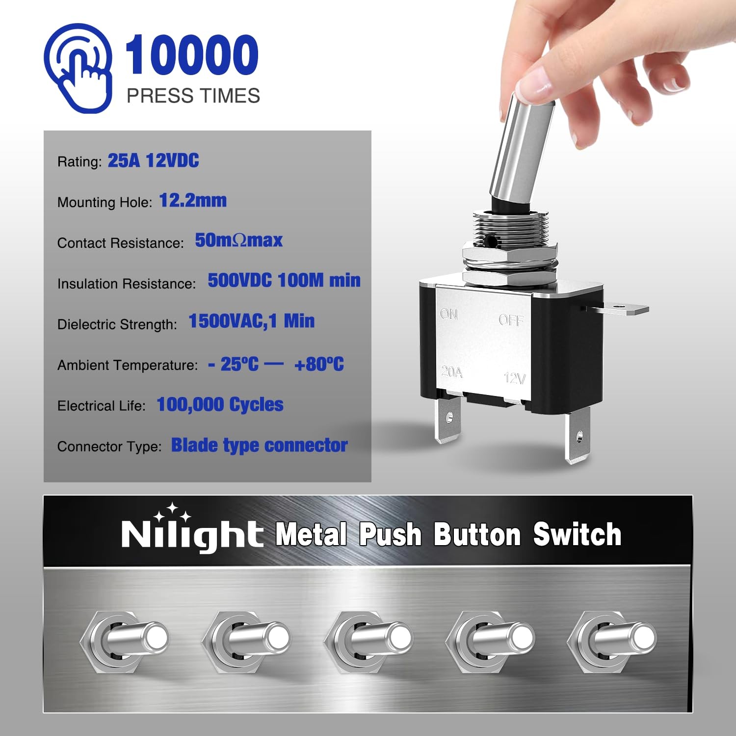Nilight Toggle Switch on Off White LED 12V 20A 3Pin 2 Position SPST 3PC for Boat