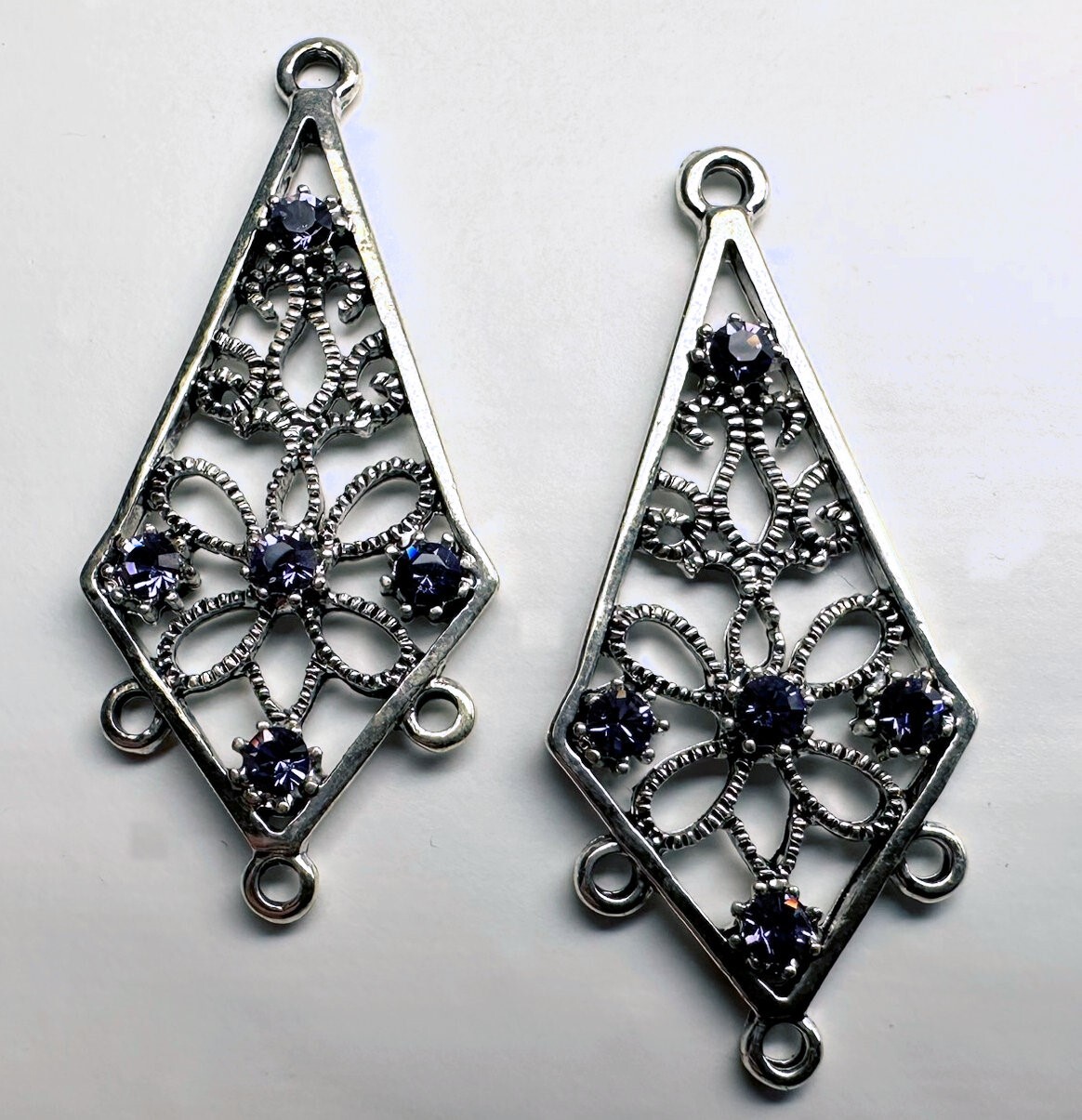 2 Antiqued Silver Pewter Earring Kites with Tanzanite Purple Swarovski Crystals*