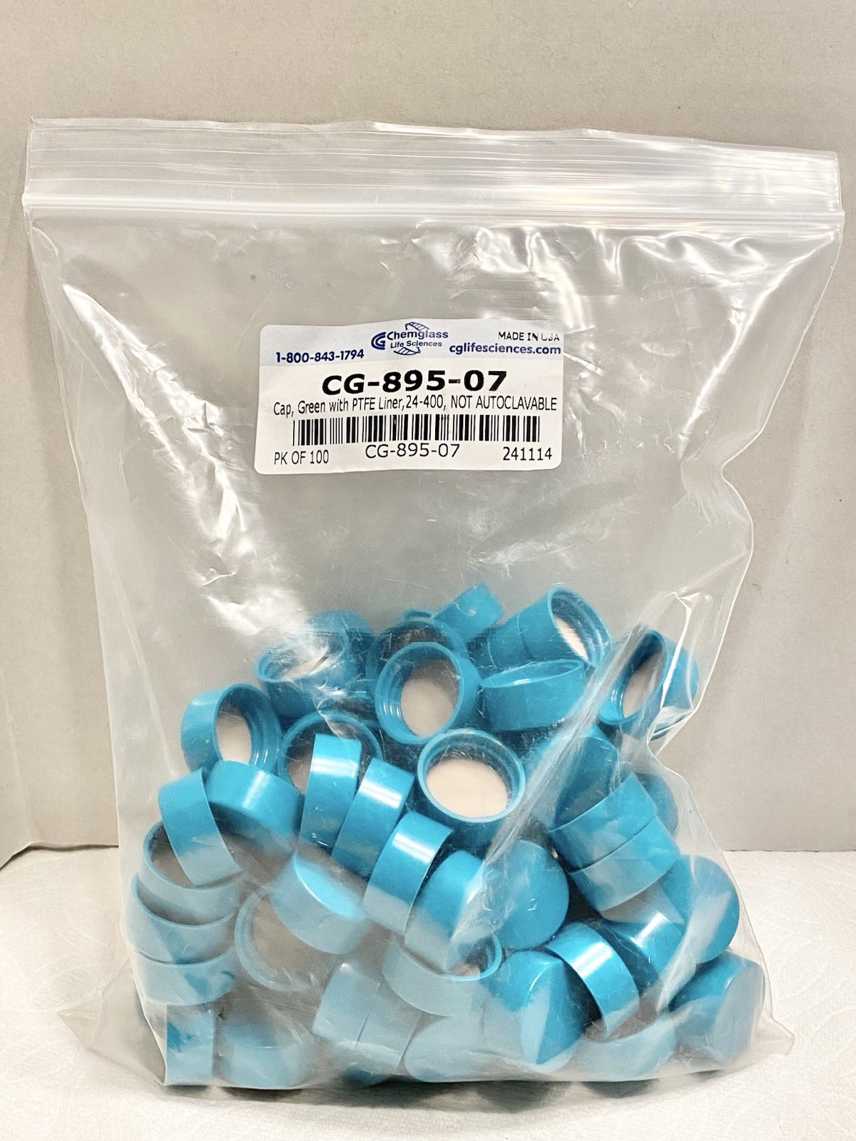 (90pcs) Chemglass CG-895-07 Green Cap with PFTE Liner 25-400
