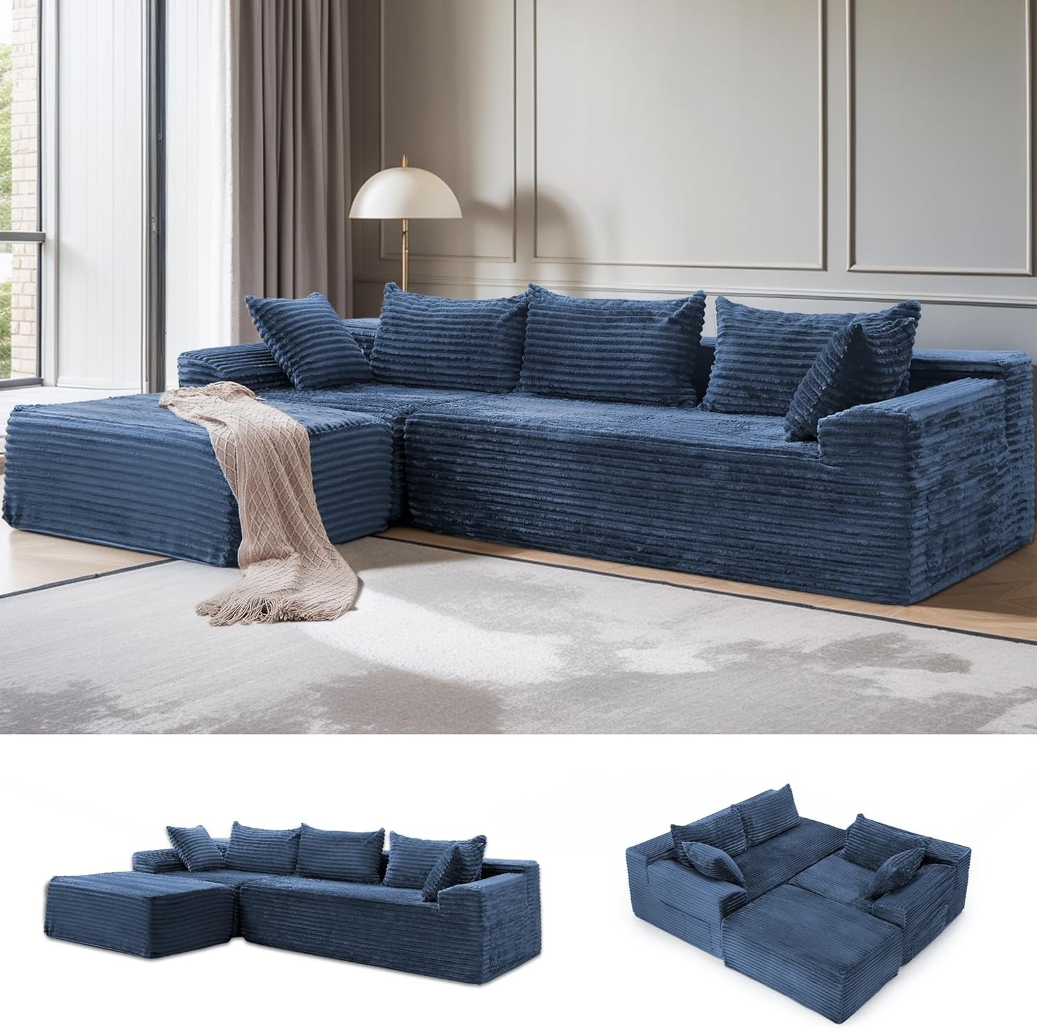 110" L-Shaped Modular Sectal Sofa with Chaise, Bonel fy Corduroy