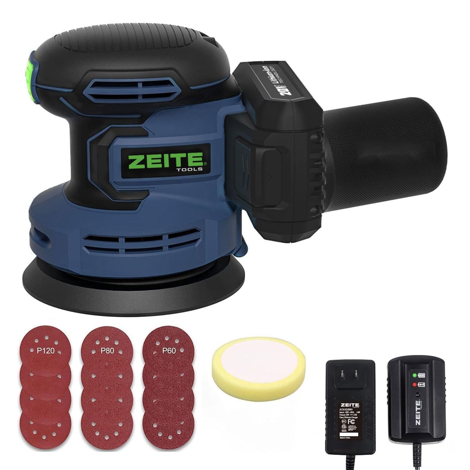 5 Inch 20V 2.0Ah Orbital Sander Cordless, 6 Variable Speed 3,000-11,000 OPM Elec