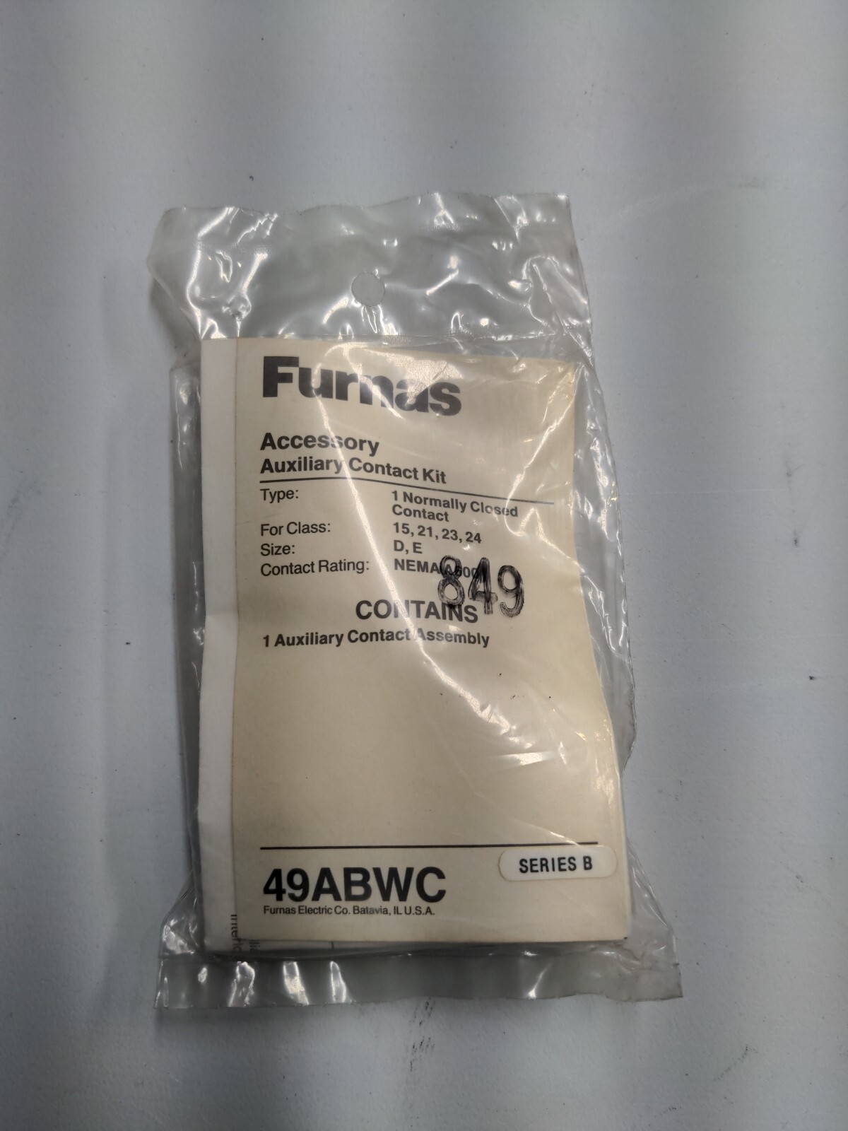 FURNAS 49 ABWC AUXILLIARY CONTACT KIT NEW IN BAG 1 NC CONTACT SERIES B 49ABWC