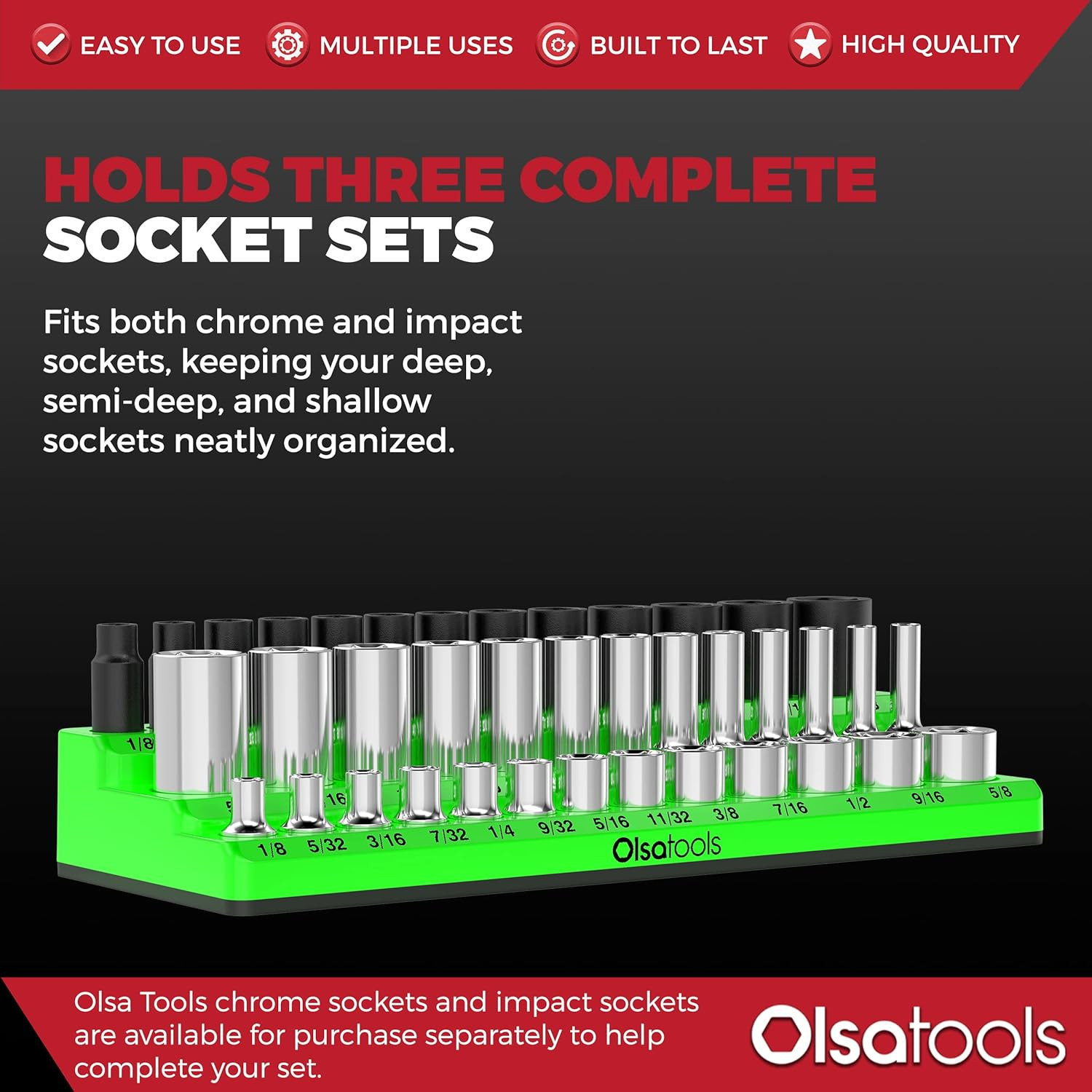 Magnetic Socket Organizer - 3 Rows, 1/4" Drive, SAE