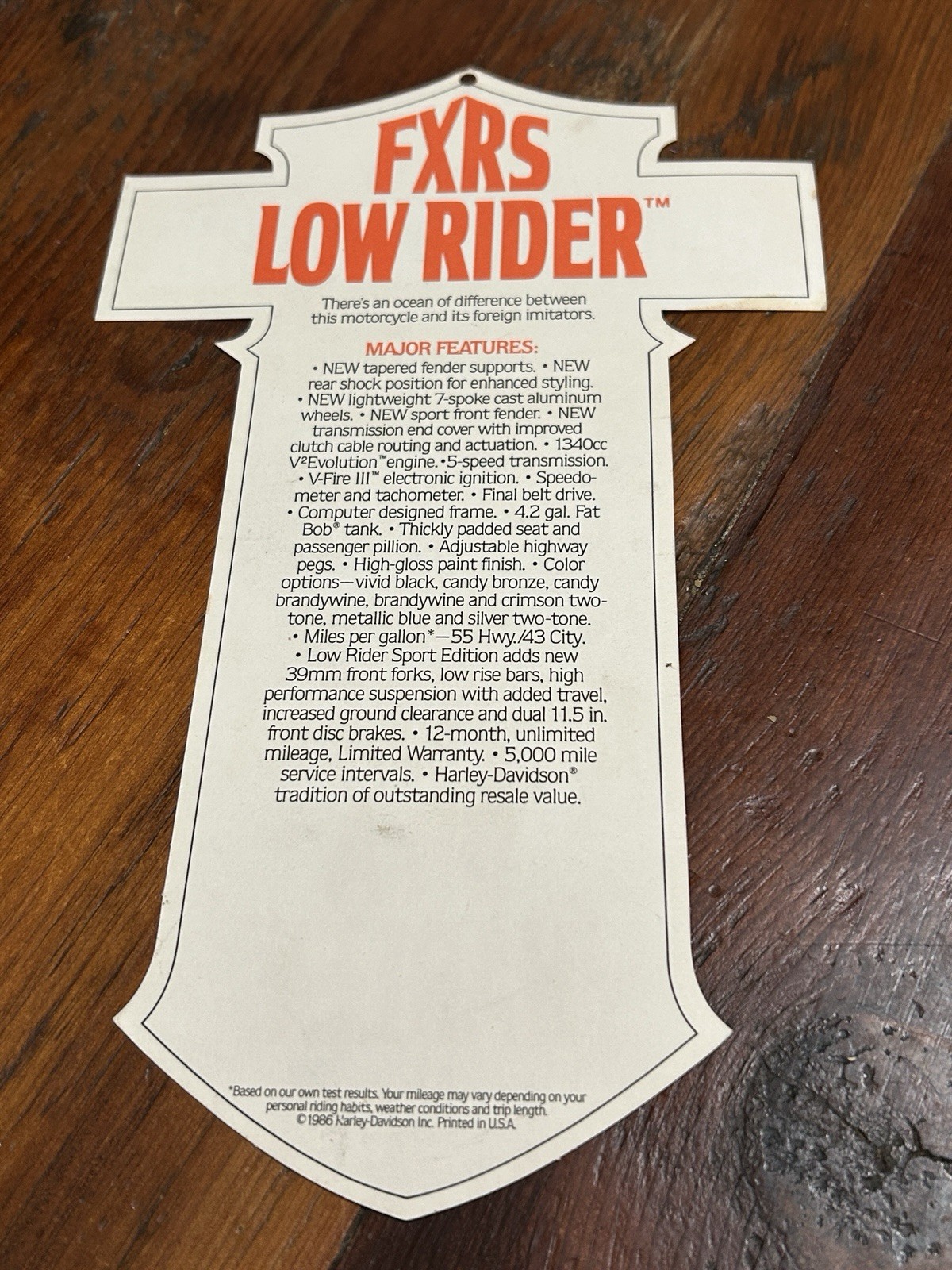 1987 Harley Davidson FXRS Low Rider "Things Are Different" Hang Tag