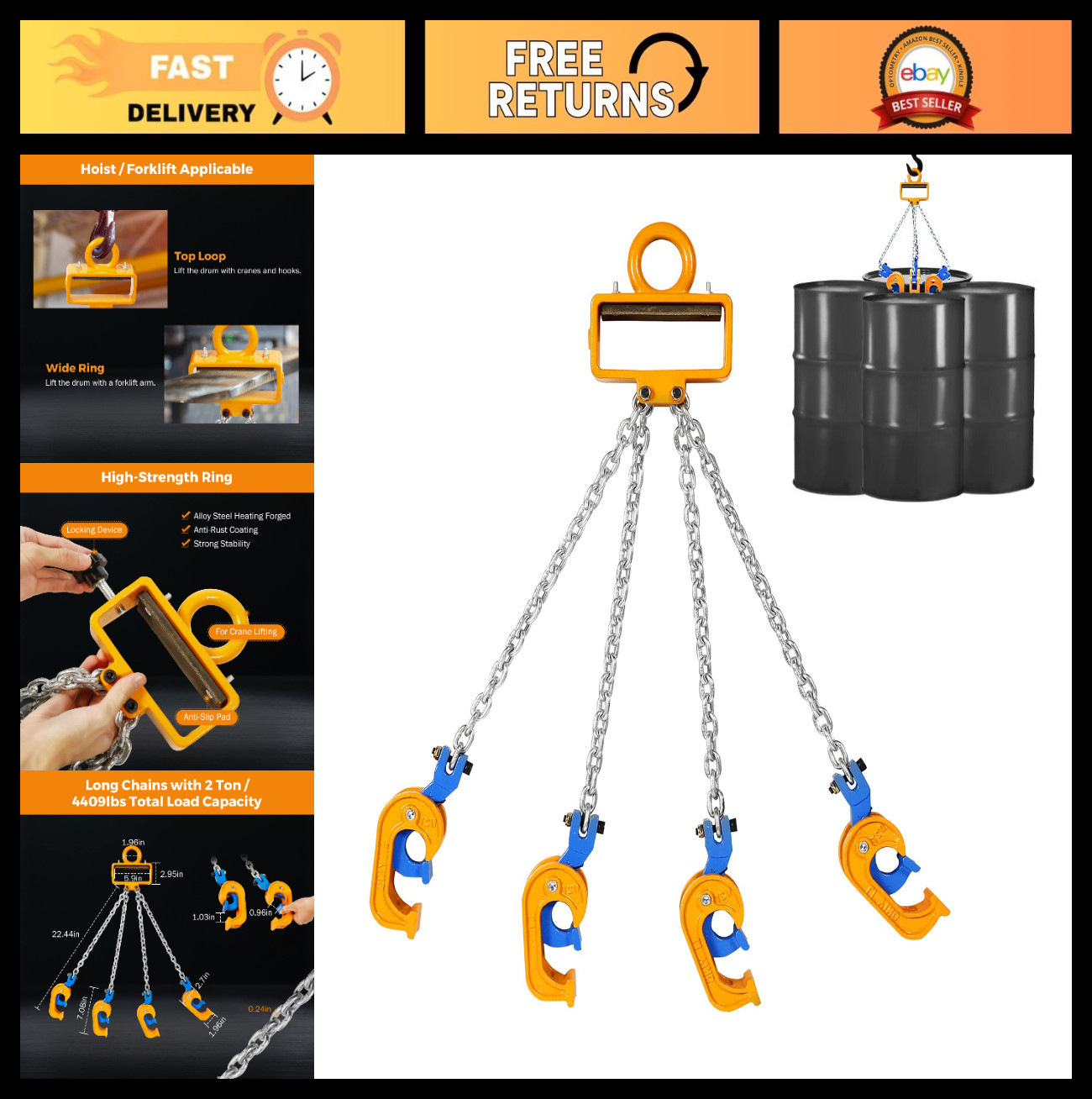 2 Ton Chain Drum Lifter for 30 & 55 Gallon Drums | 4 Grab Hooks & Chains, 4400 l