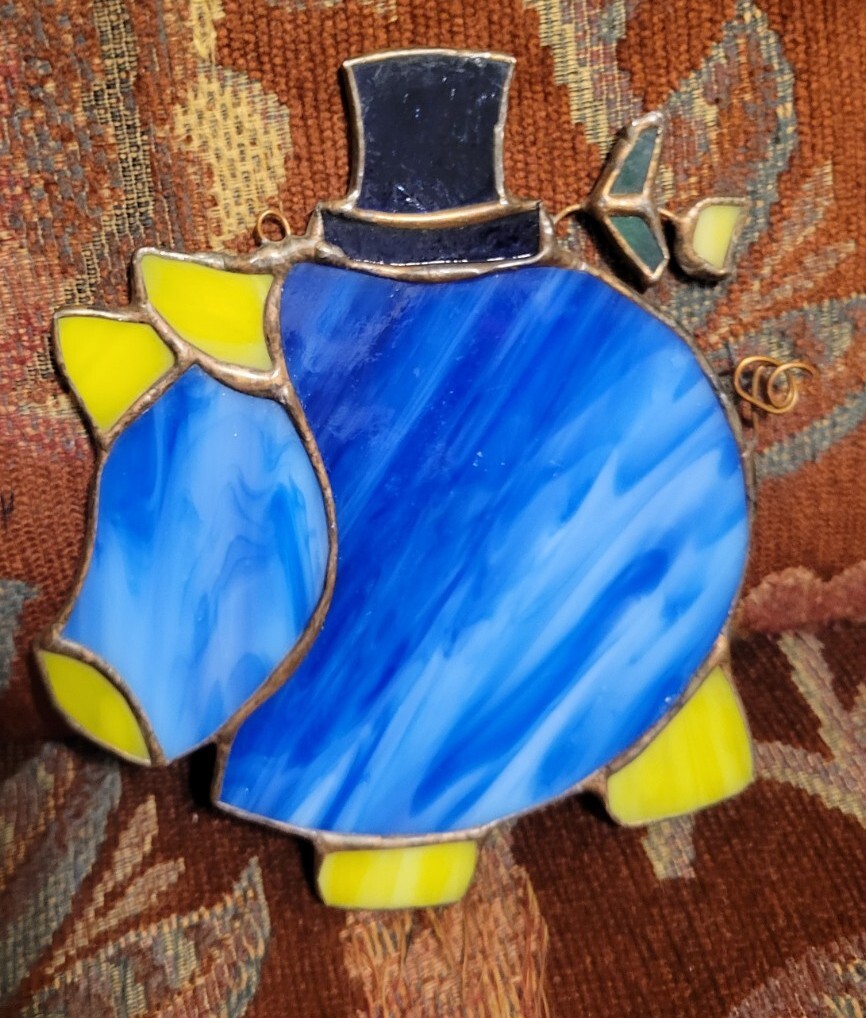 Vintage Leaded Stained Glass Gentleman Pig W Top Hat Suncatchers