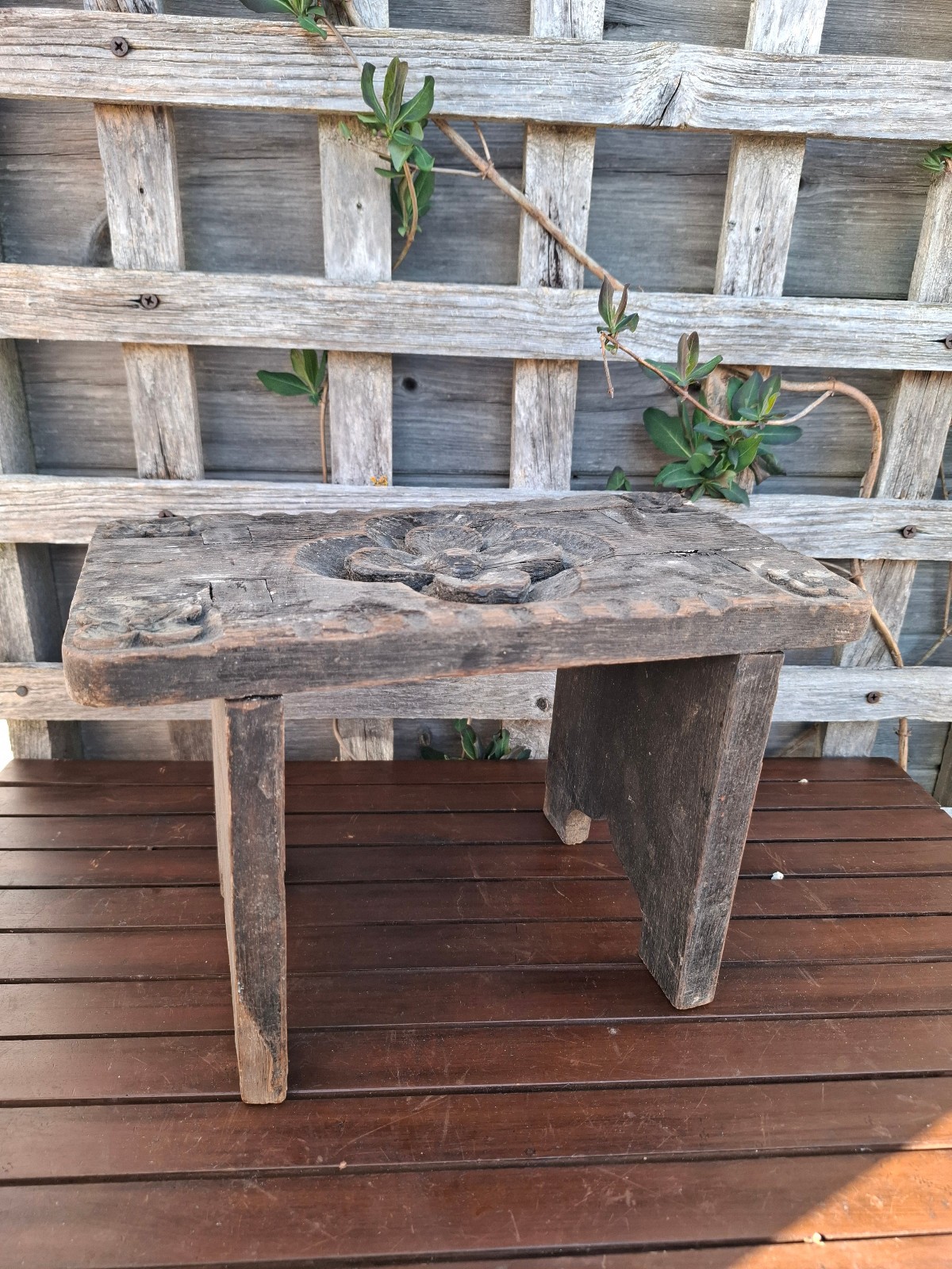 vintage floral flower carved wooden wood milking stool rustic plant stand