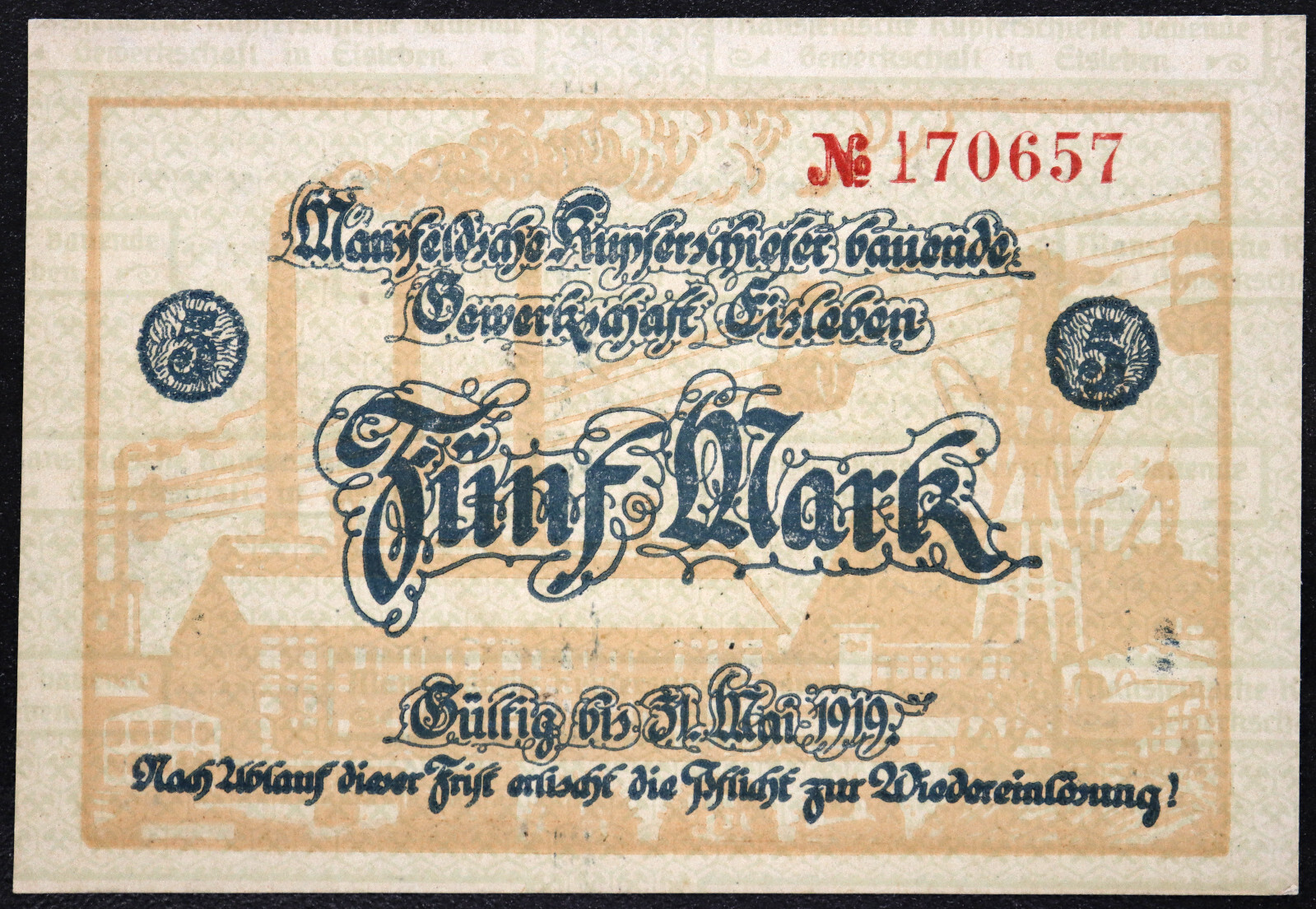 EISLEBEN 1918 "Mansfeld Copper Shale" 5 Mark Grossnotgeld German Notgeld