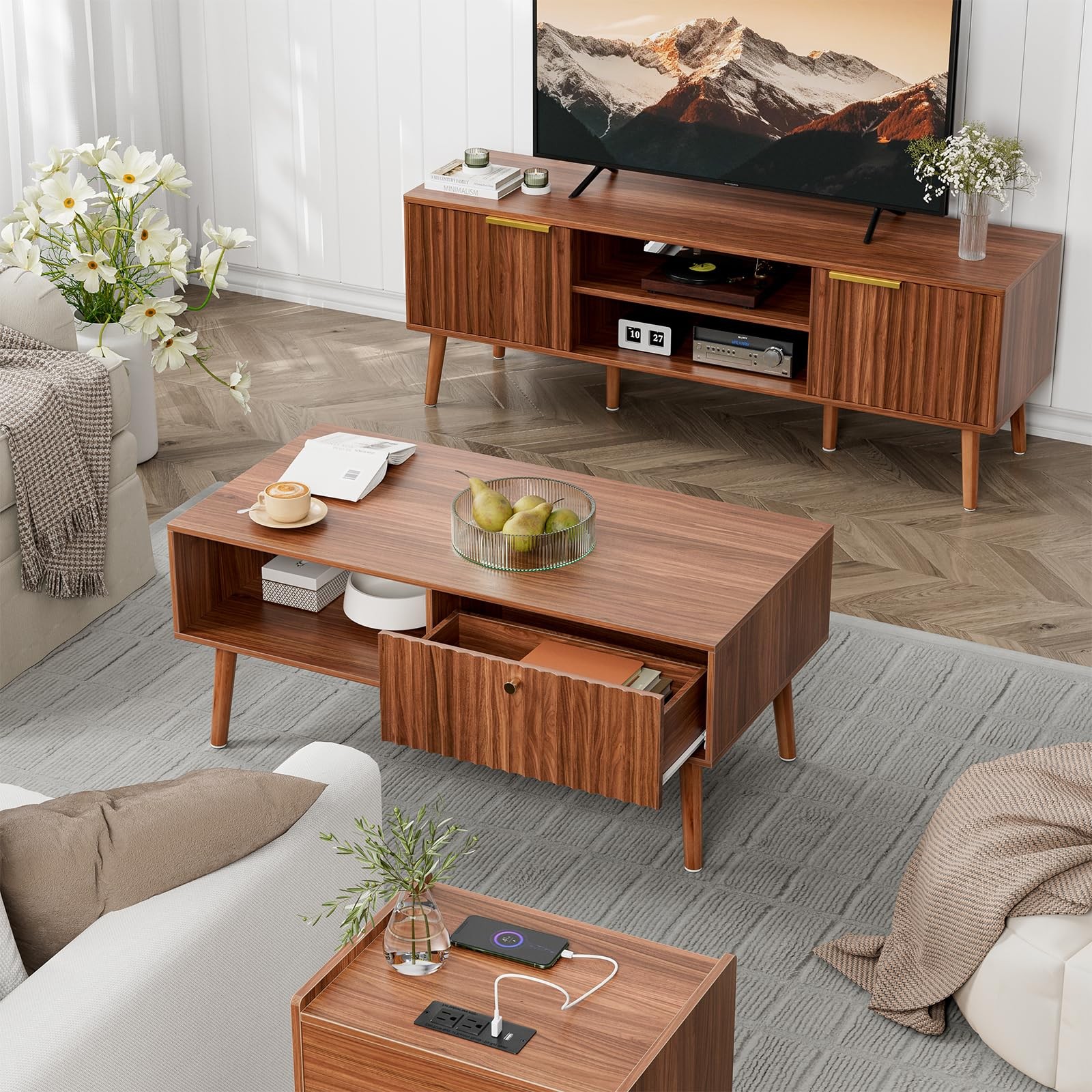 Coffee Table with Fluted Drawer, Mid-Century, Walnut