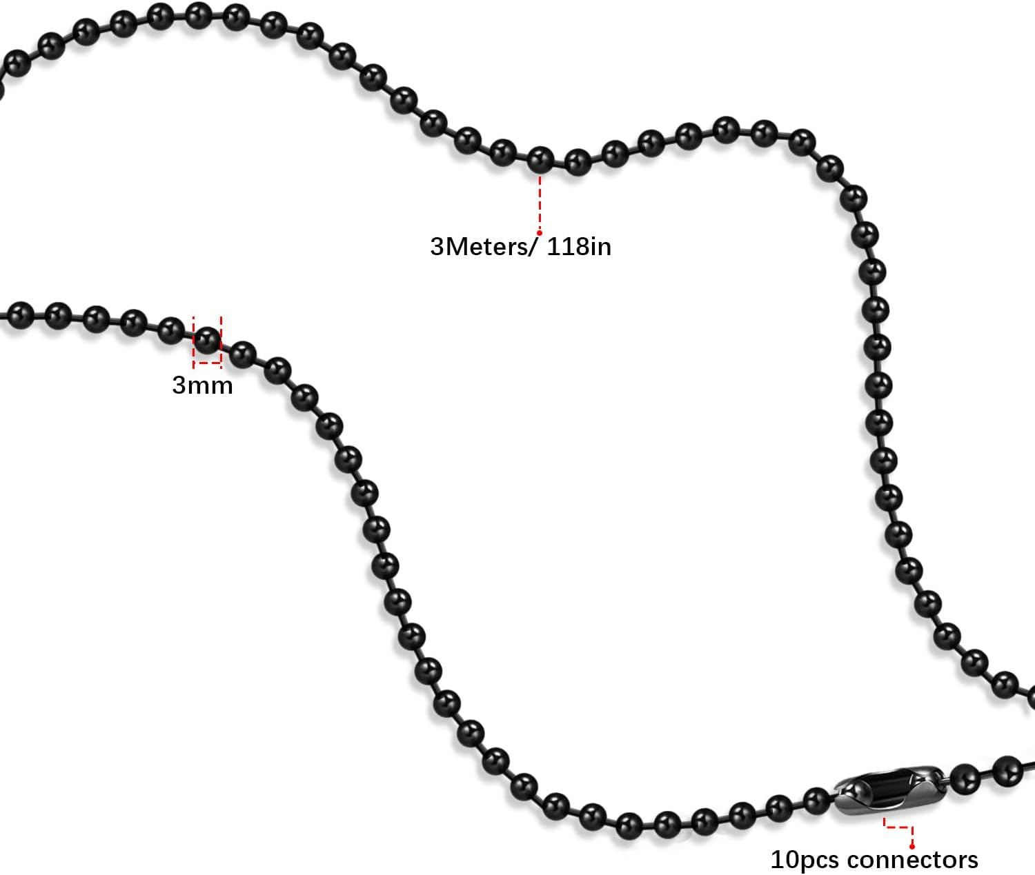 Black Ceiling Fan Pull Chain, 120" Extra Long Rust Proof 3Mm Beaded Ball Light P