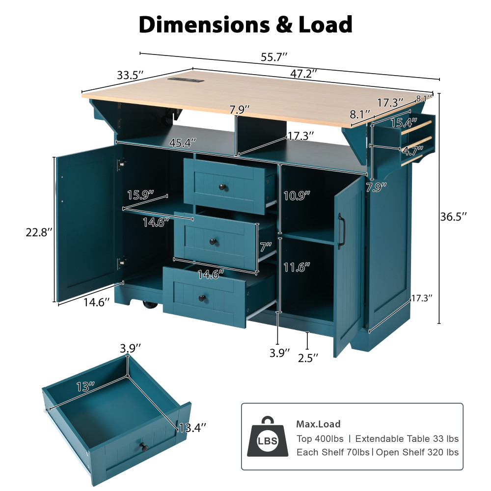 55.7'' Large Kitchen Island with 2 Drop Leaf,, Rolling Kitchen Cart on 5 Wheels