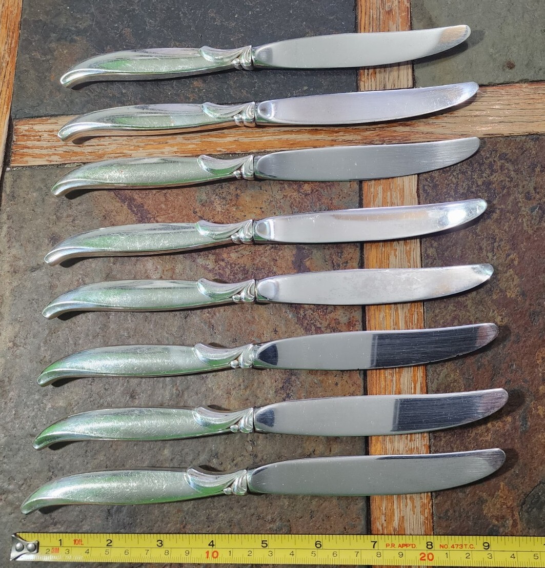 ✅️LOT OF 8 MID-CENTURY c1956 FLAIR"9 1/2"SILVERPLATE MODERN HOLLOW PLACE KNIVES