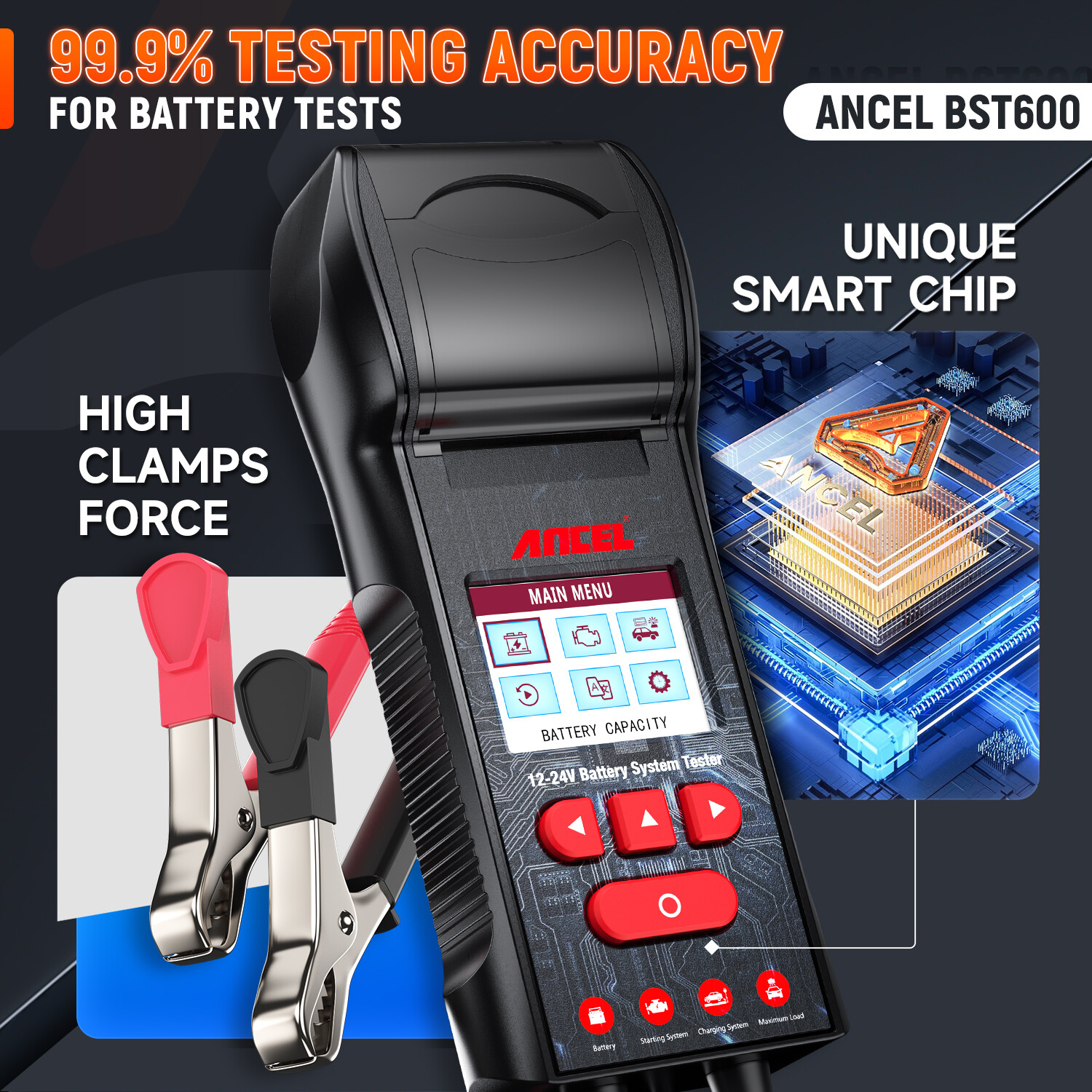 ANCEL BST600 Car Battery Tester with Printer - 12V/24V, 100-2000 CCA, Black