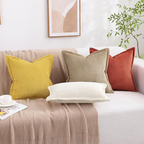 Corduroy Pillow Covers 20x20 Inch Set of 2, Striped Decorative Square Spring