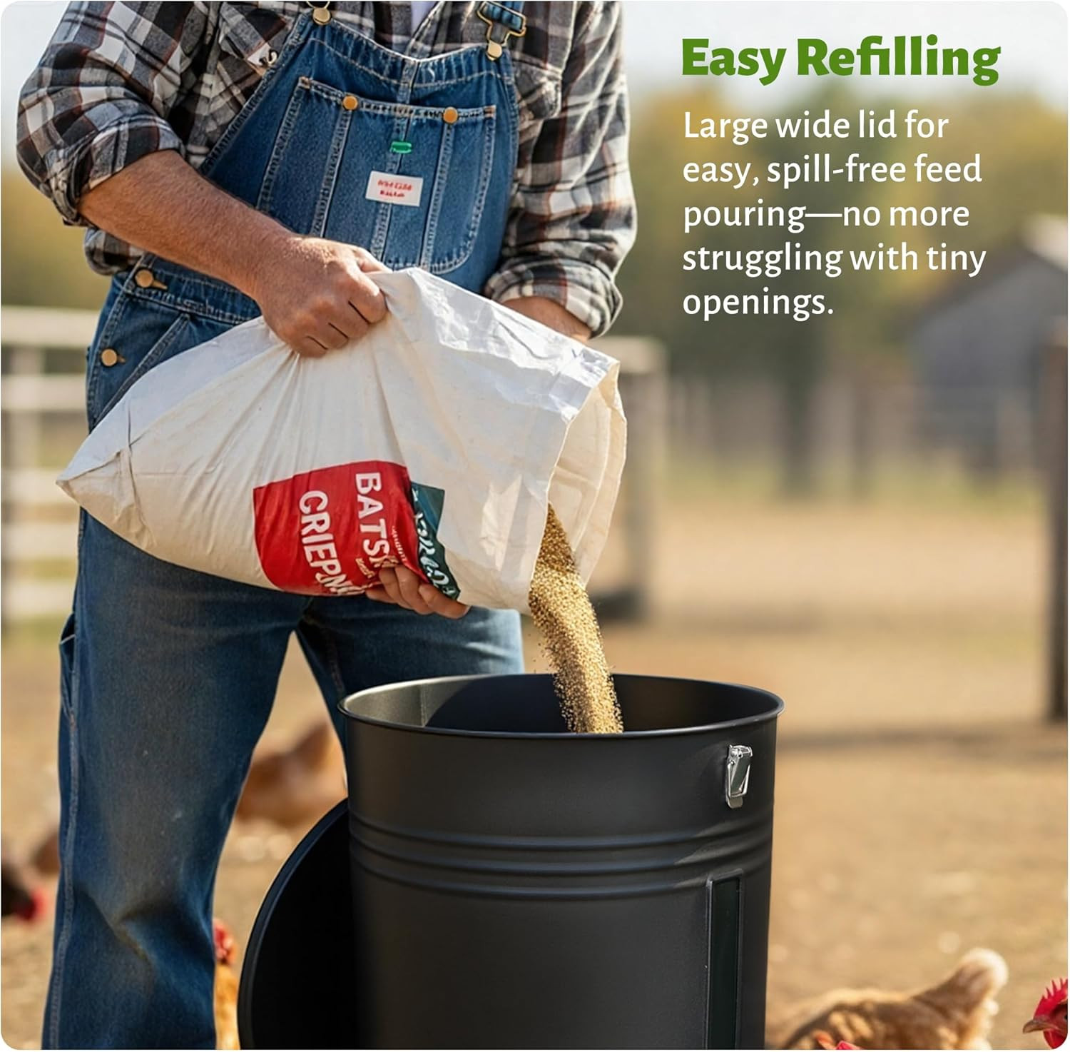 50LB Metal Chicken Feeder - No Waste, No Clog Design with 16 Ports & Smooth Grav