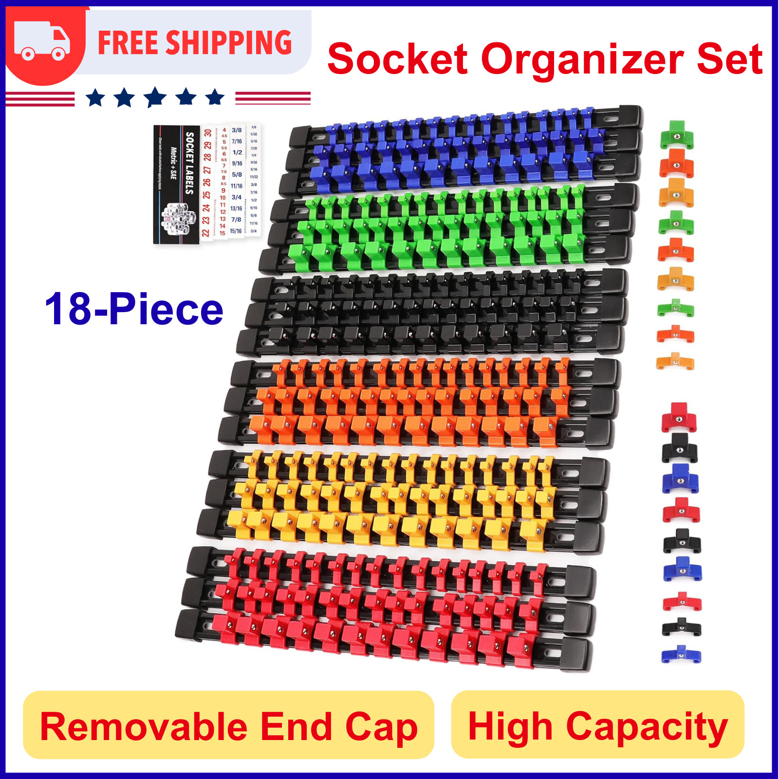 Socket Organizer Set 18-Piece For Tool Box Drawer, Socket Holder Clip Rail Trays