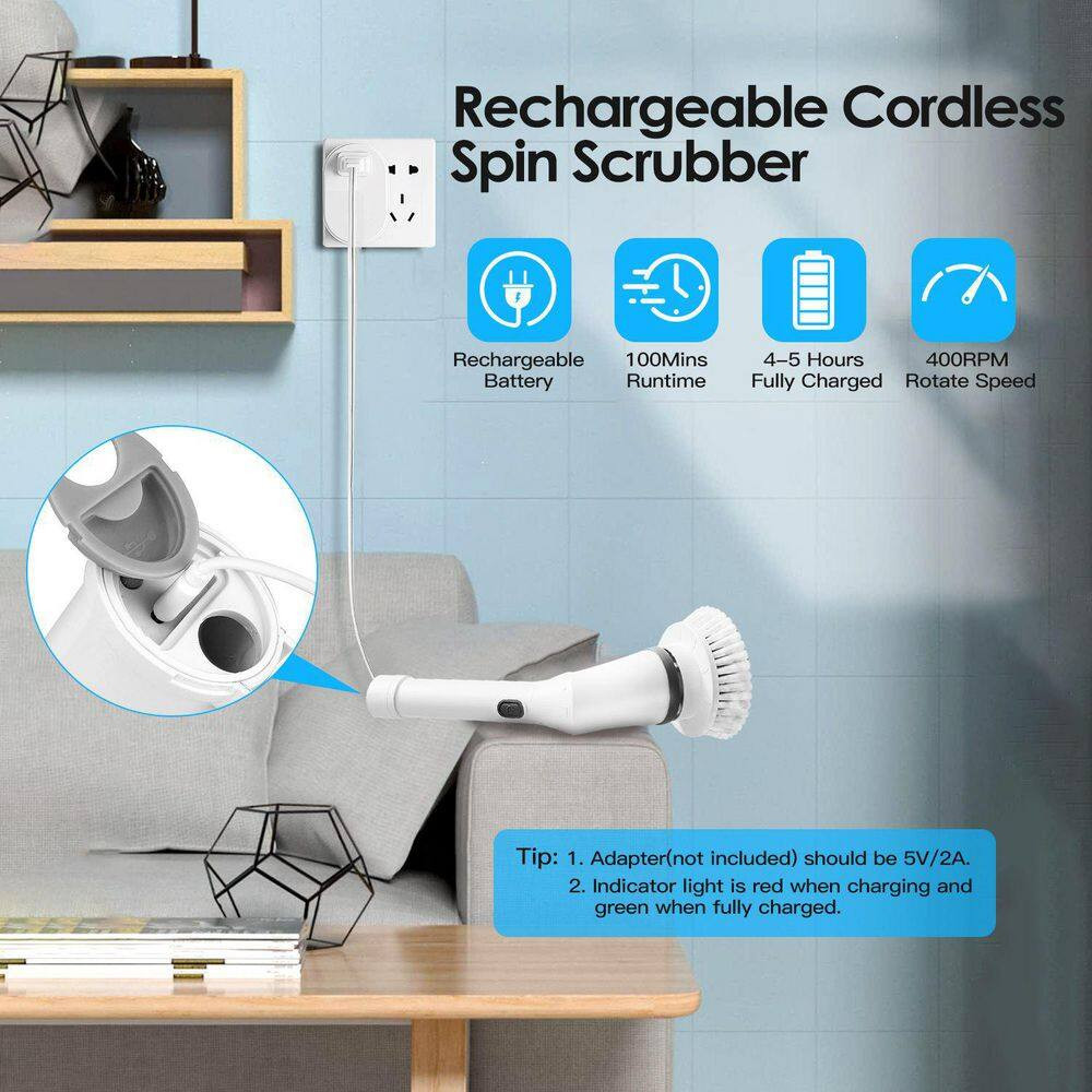 Electric Spin Scrubber, 6-Replaceable Brush Heads, 2-Speed Adjustable Extension