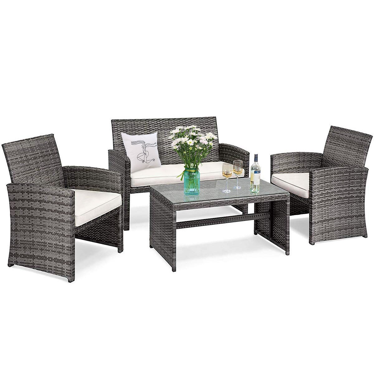 Topbuy 4 PCS Patio Wicker Furniture Outdoor Rattan Chairs W/Cushions