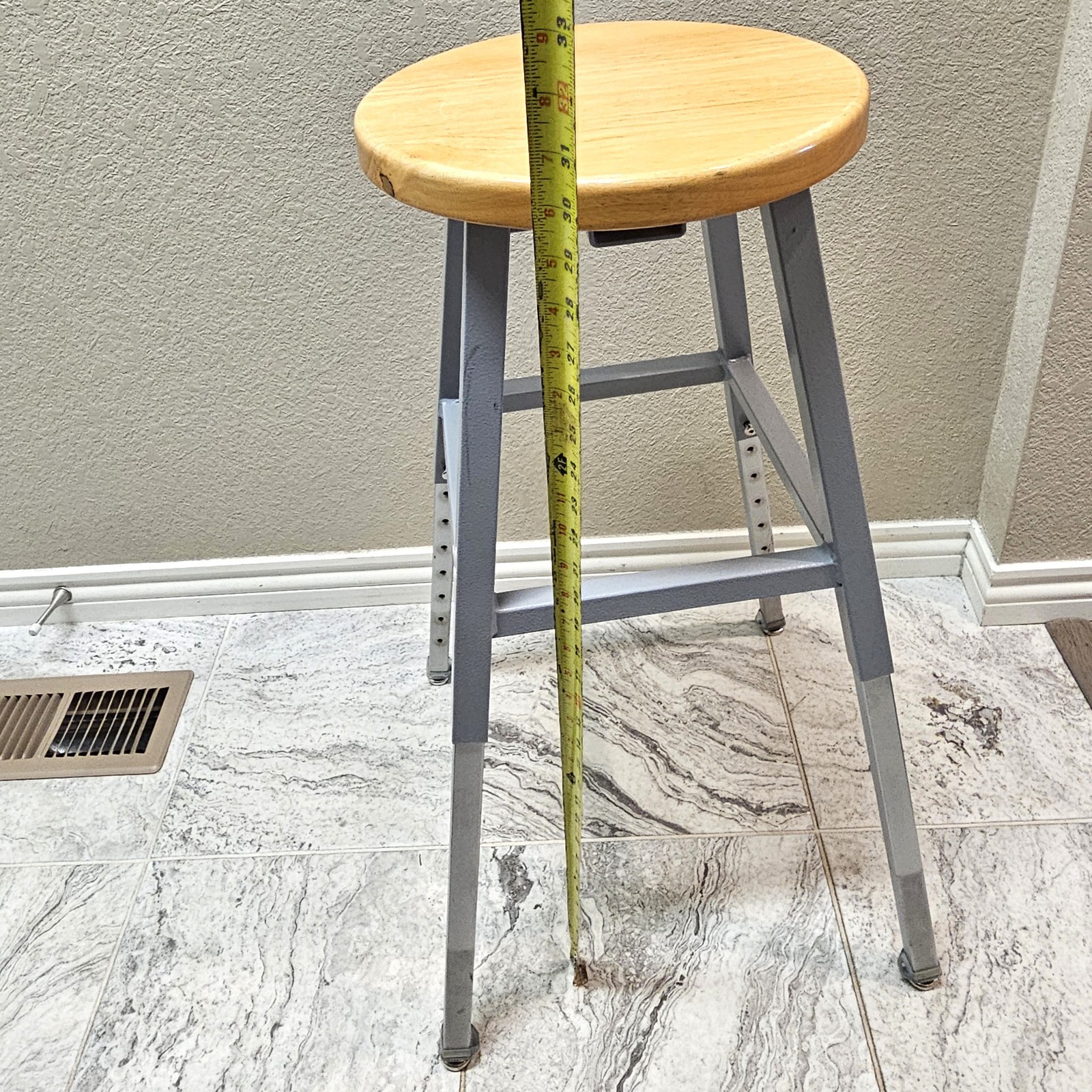 Science Lab Stool, Solid Wood Seat & Steel Frame Adjustable, Gray
