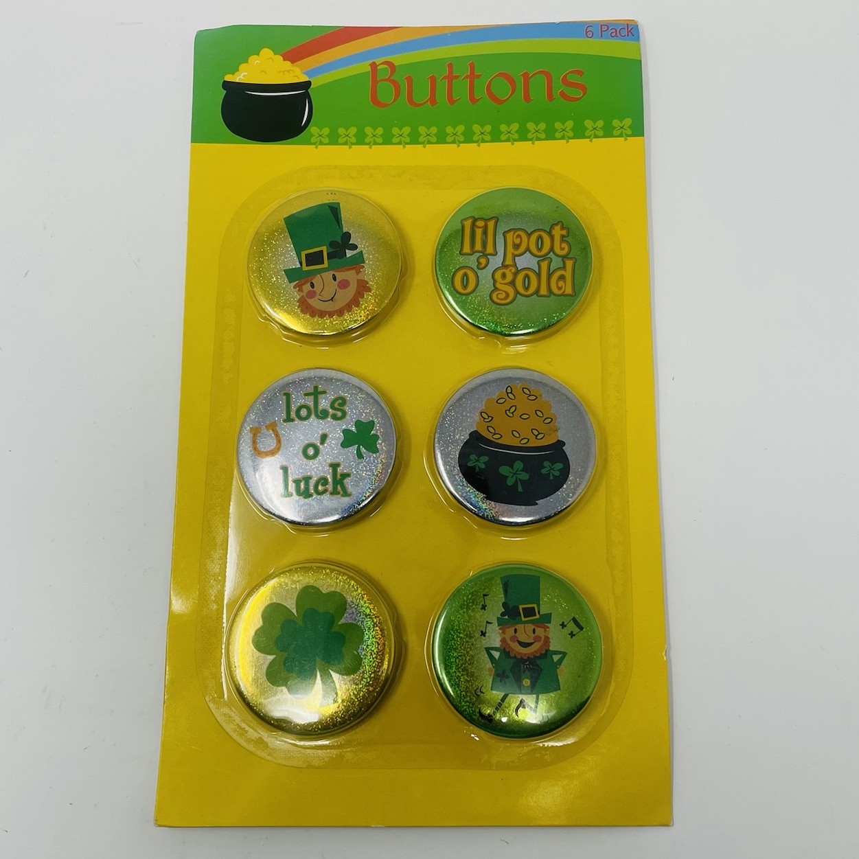 St Patrick’s Day Button Pins 6 Pack Shamrock Irish Leprechaun 2011