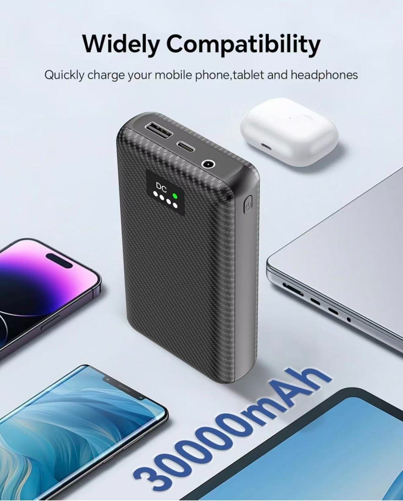 7.4V Heated Vest Battery Pack, 30000mAh Portable Charger with DC and USB Output
