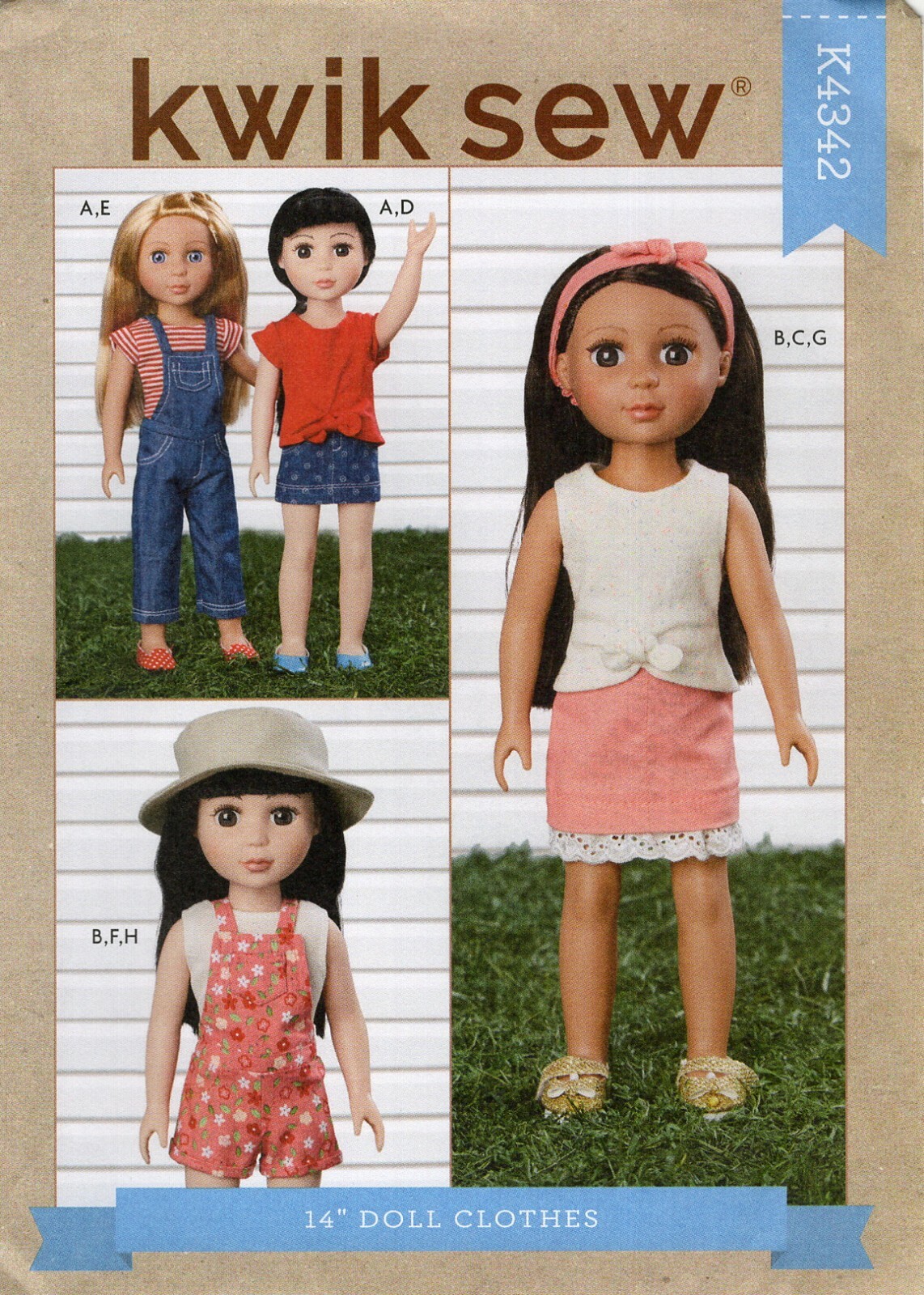 Kwik Sew K4342 Overalls & T-Shirt, Tie Top & Mini Skirt for 14" Dolls UC Pattern