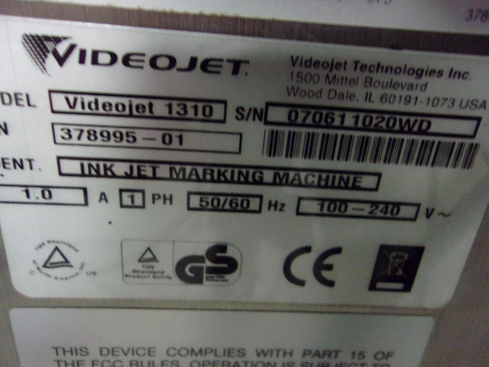 VIDEOJET 1310 INKJET CODE PRINTER MARKING MACHINE