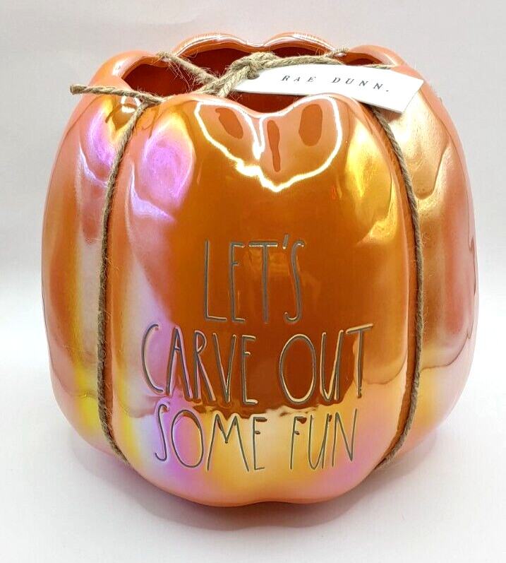 Rae Dunn ceramic orange luster "Lets Carve Out Some Fun" pumpkin planter 7 x 7