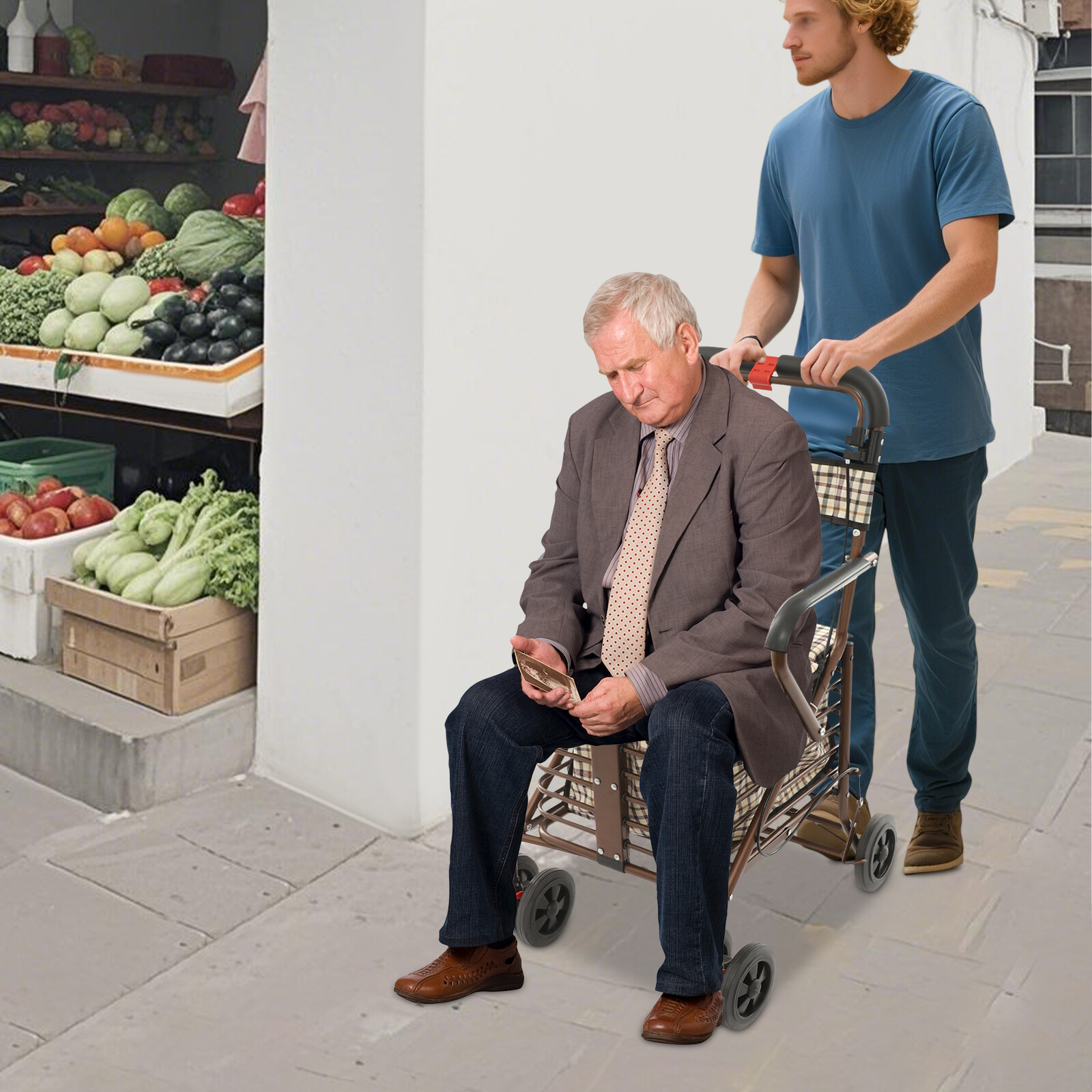 Storage Cart for Olders with Seat, Foldable Rolling Walker with Seat for Seniors