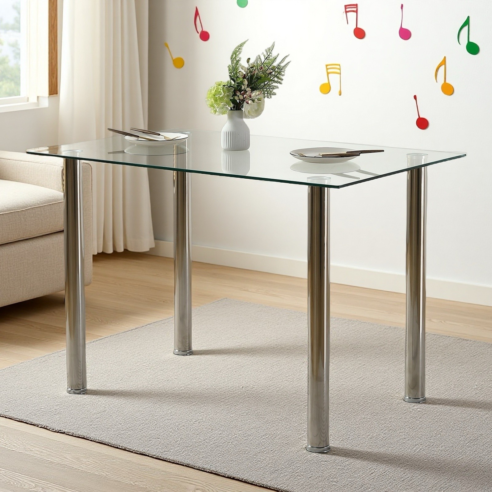Glass Dining Table - 4 Seater Tempered Clear Glass 43.3" Rectangle Kitchen Desk