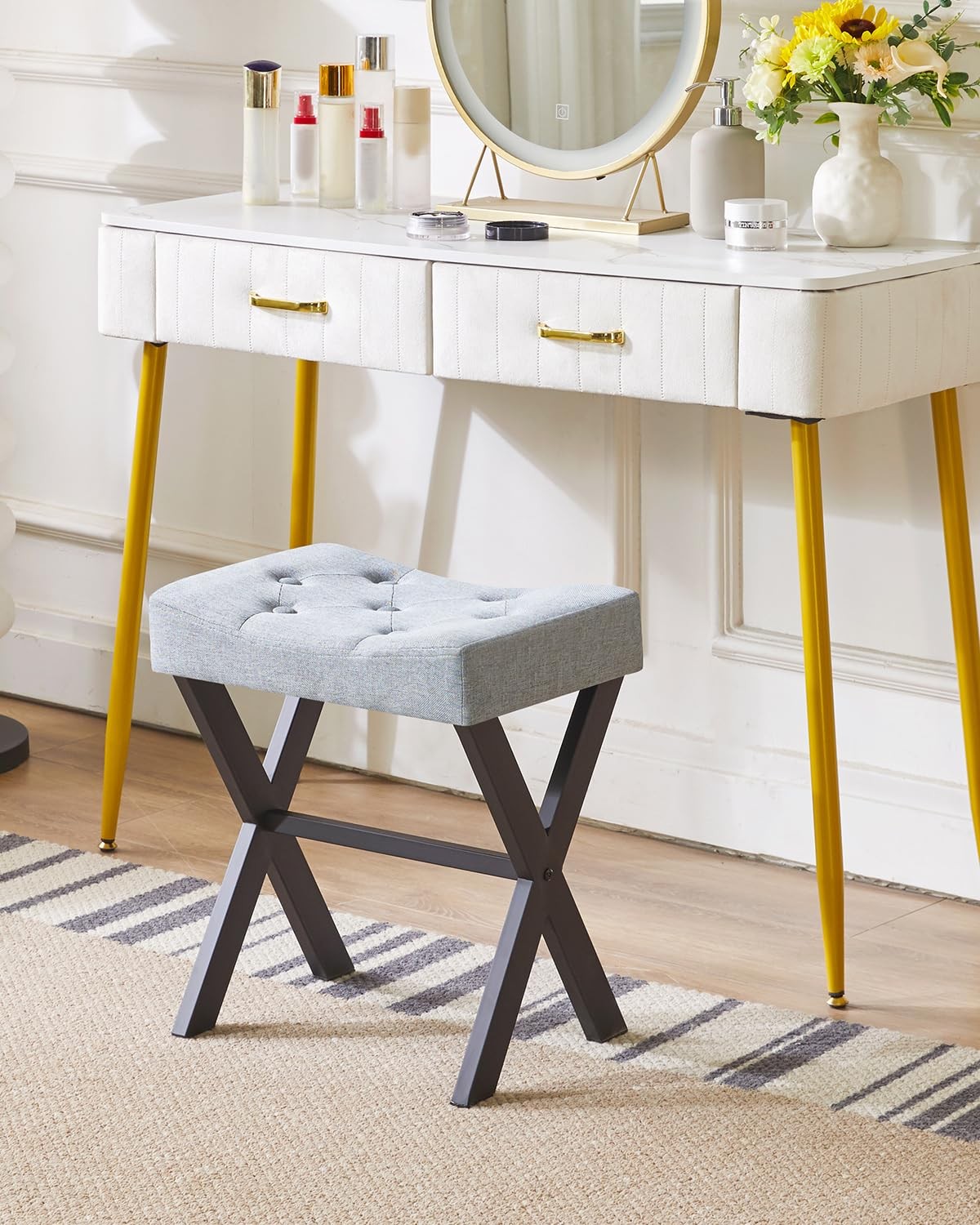 U-Shaped Linen Vanity Stool Square Ottoman Makeup Chair X-Leg Blue Gray Seat