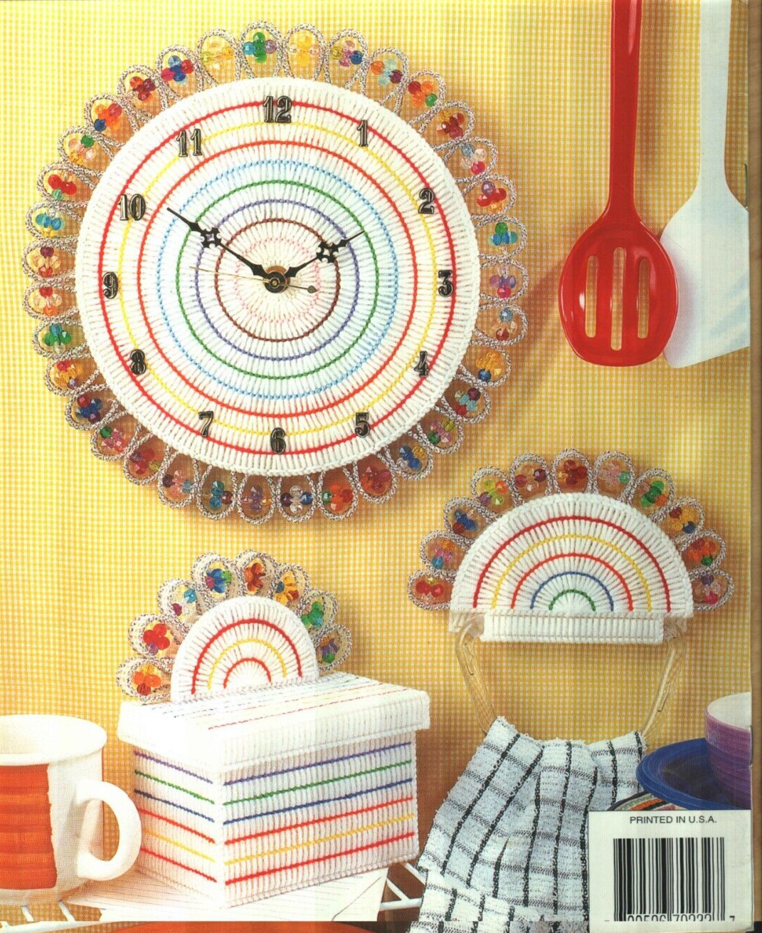 NEW RAINBOW KITCHEN SET CLOCK MEMO & NAPKIN HOLDERS PLASTIC CANVAS PATTERN BOOK