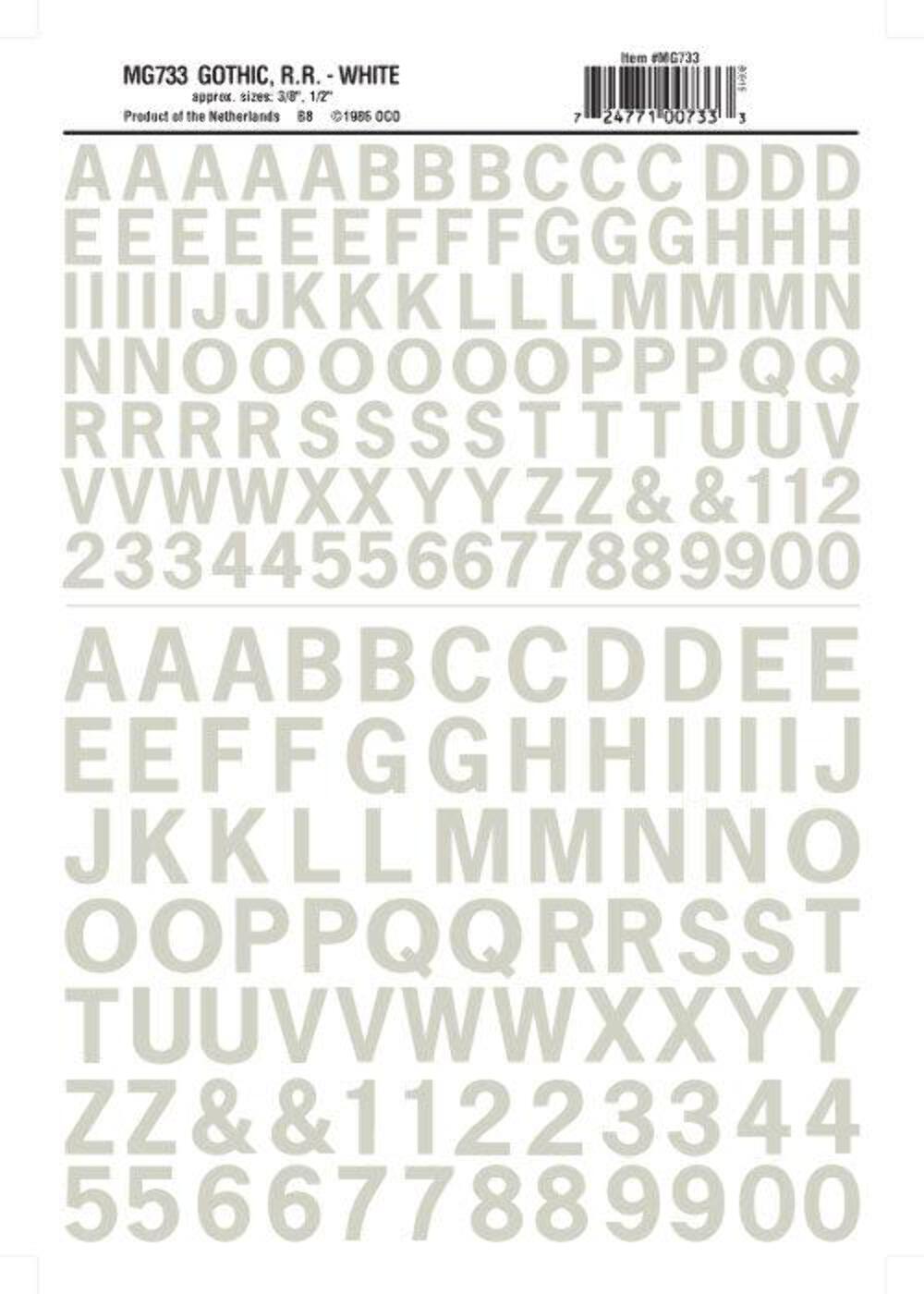 Woodland Scenics MG733 Gothic R.R. Letters White 3/8-1/2" Train Decal Sheet