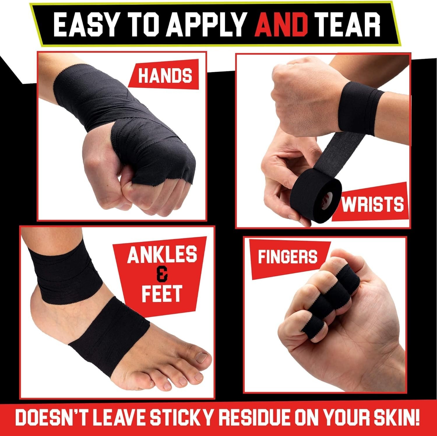 Versatile Black Athletic Tape Kit: Strong Support for Ankle, Wrist, and Fingers