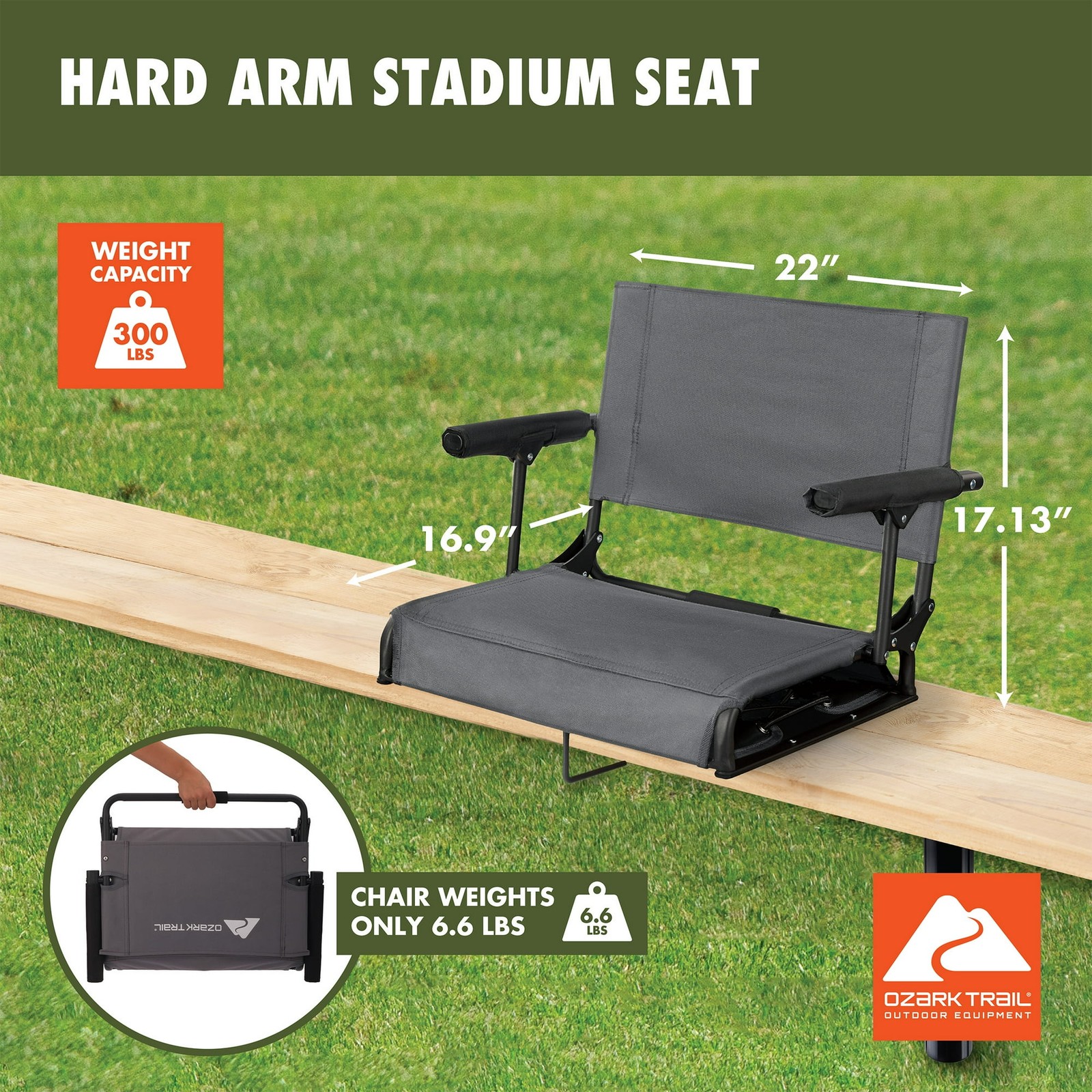 Ozark Trail Hard Arm Stadium Seat, Gray