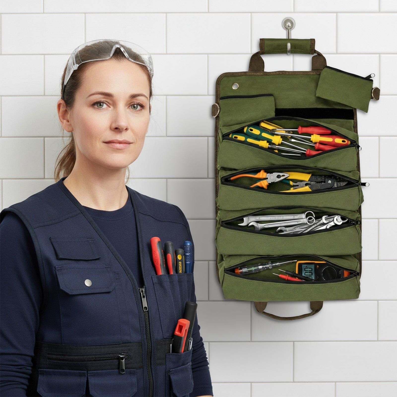 Foldable Roll Up Tool Bag with 4 Compartments & 2 Detachable Pouches