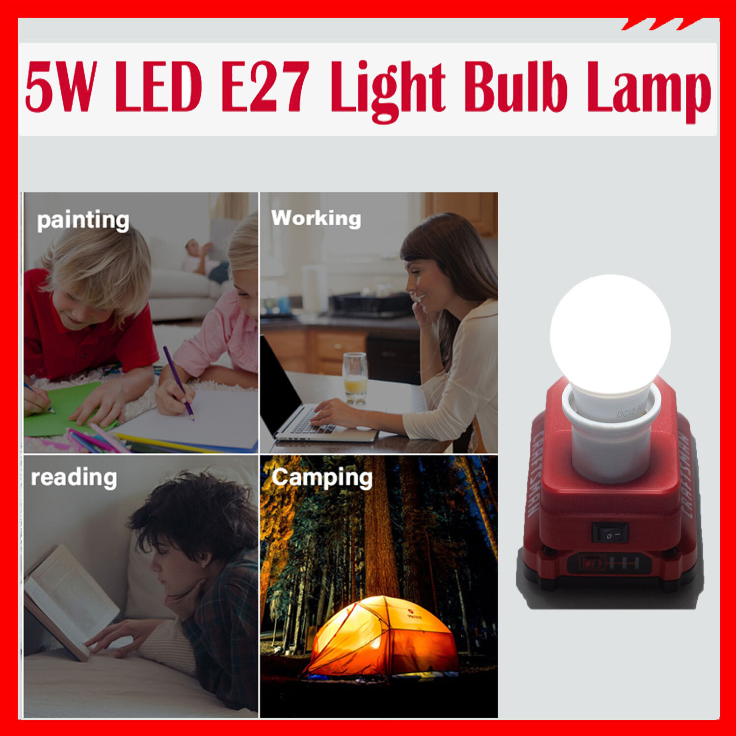 Portable LED Work Light For Craftsman 20V Series Lithium Battery E27 Bulb Lamp