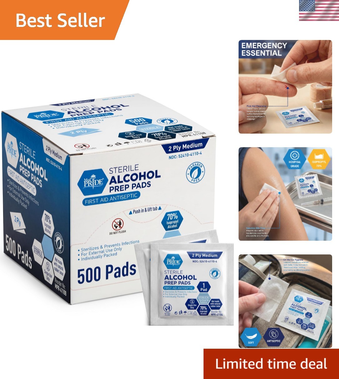 Individually Wrapped Alcohol Prep Pads, 500 Count for Safe Home & Medical Use