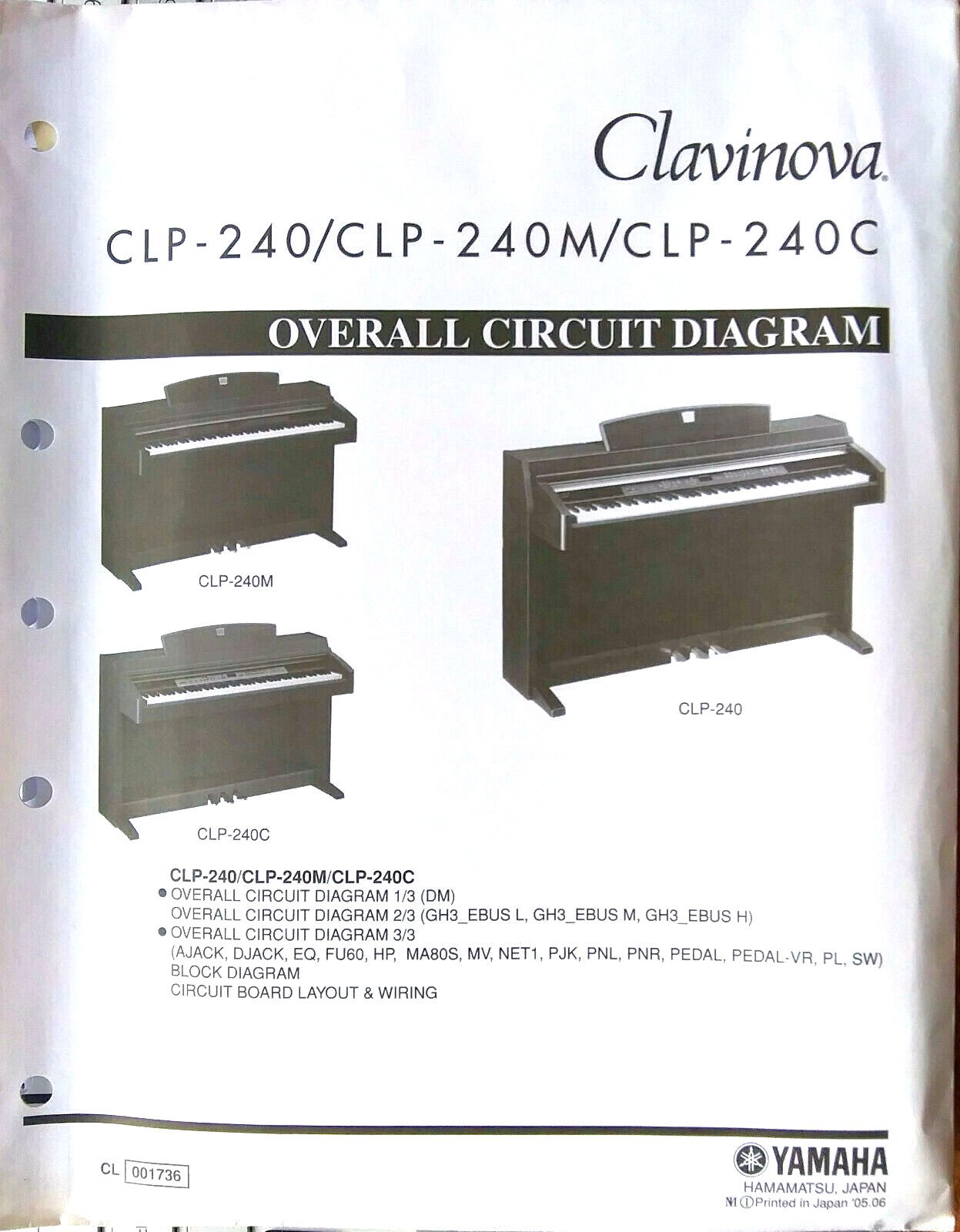 Yamaha CLP-240 240M 240C Digital Piano Original Overall Circuit Diagram Sheets.