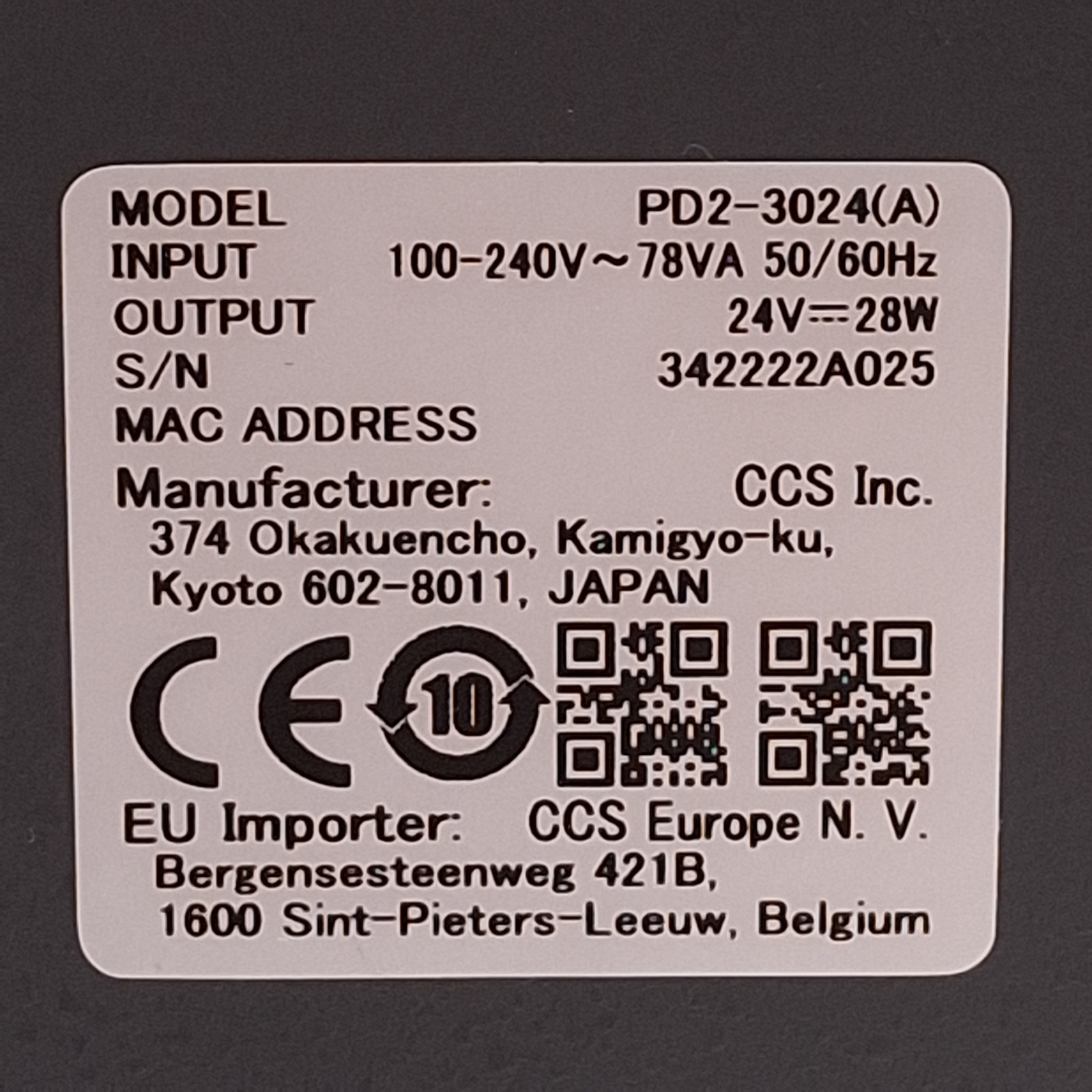 CCS PD2-3024(A) Machine Vision Light Controller, 1-Ch, 100-240VAC In, 24VDC Out