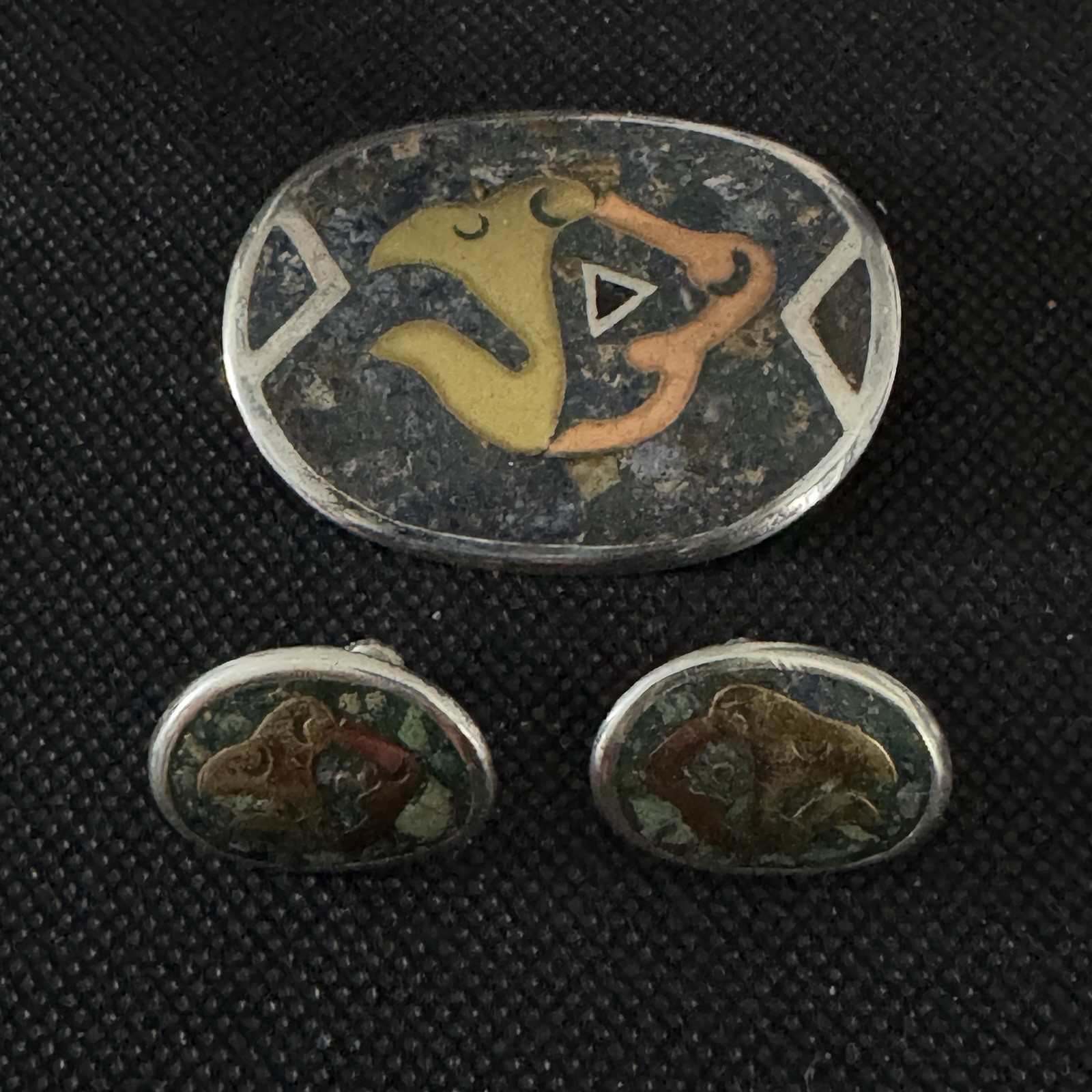 Vintage Taxco Mexico Sterling Natural Stone Eagle Brooch & Screw Back Earrings
