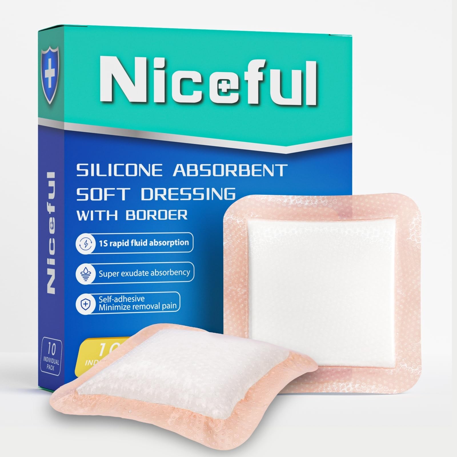 Silicone Super Absorbent Wound Dressing-4"× 4" Self-Adhesive Bandages for W